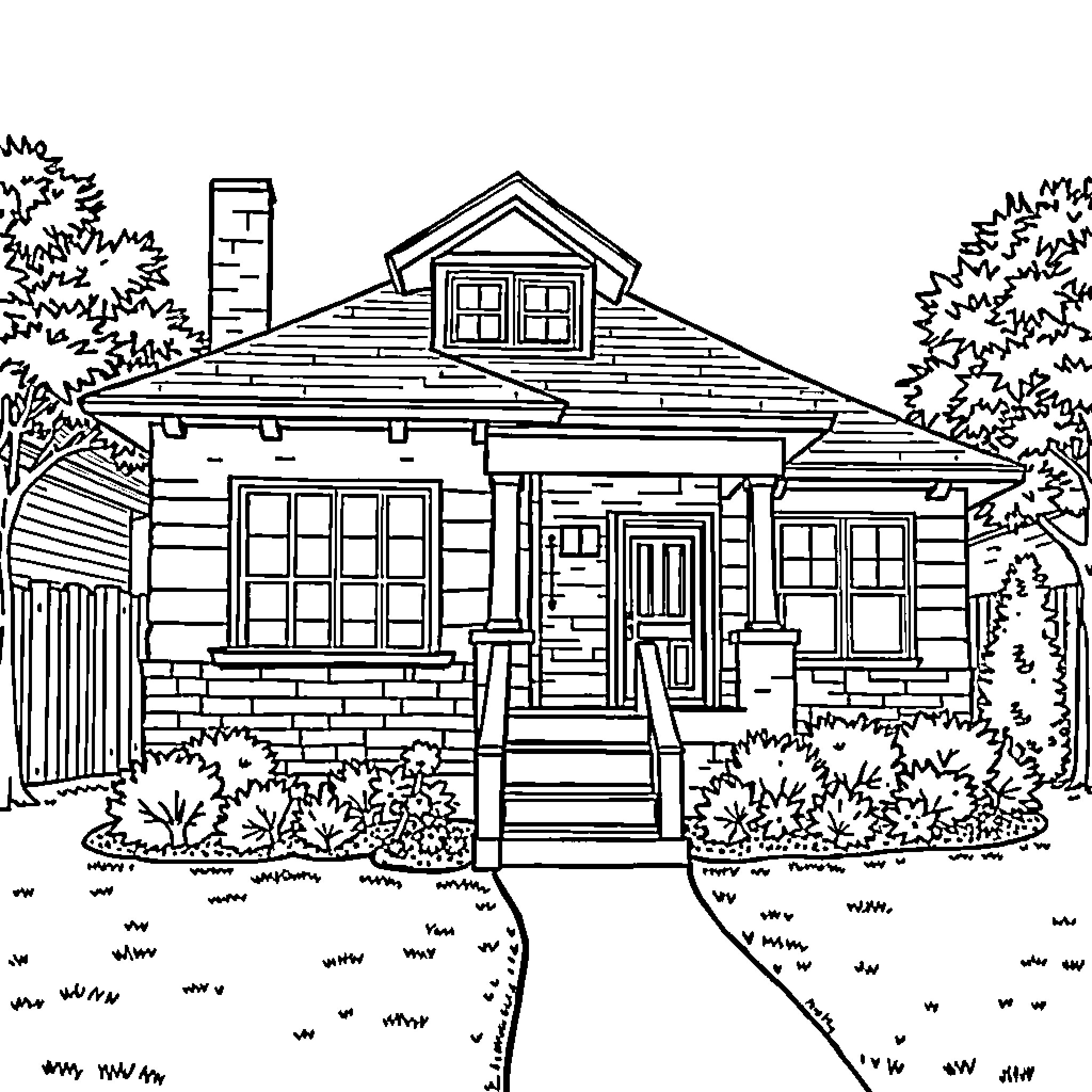 Address Country Cottage with Yard Coloring Page (free black-and-white line drawing printable PDF for all, from beginners to advanced learners, including children, teens, adults, and seniors)