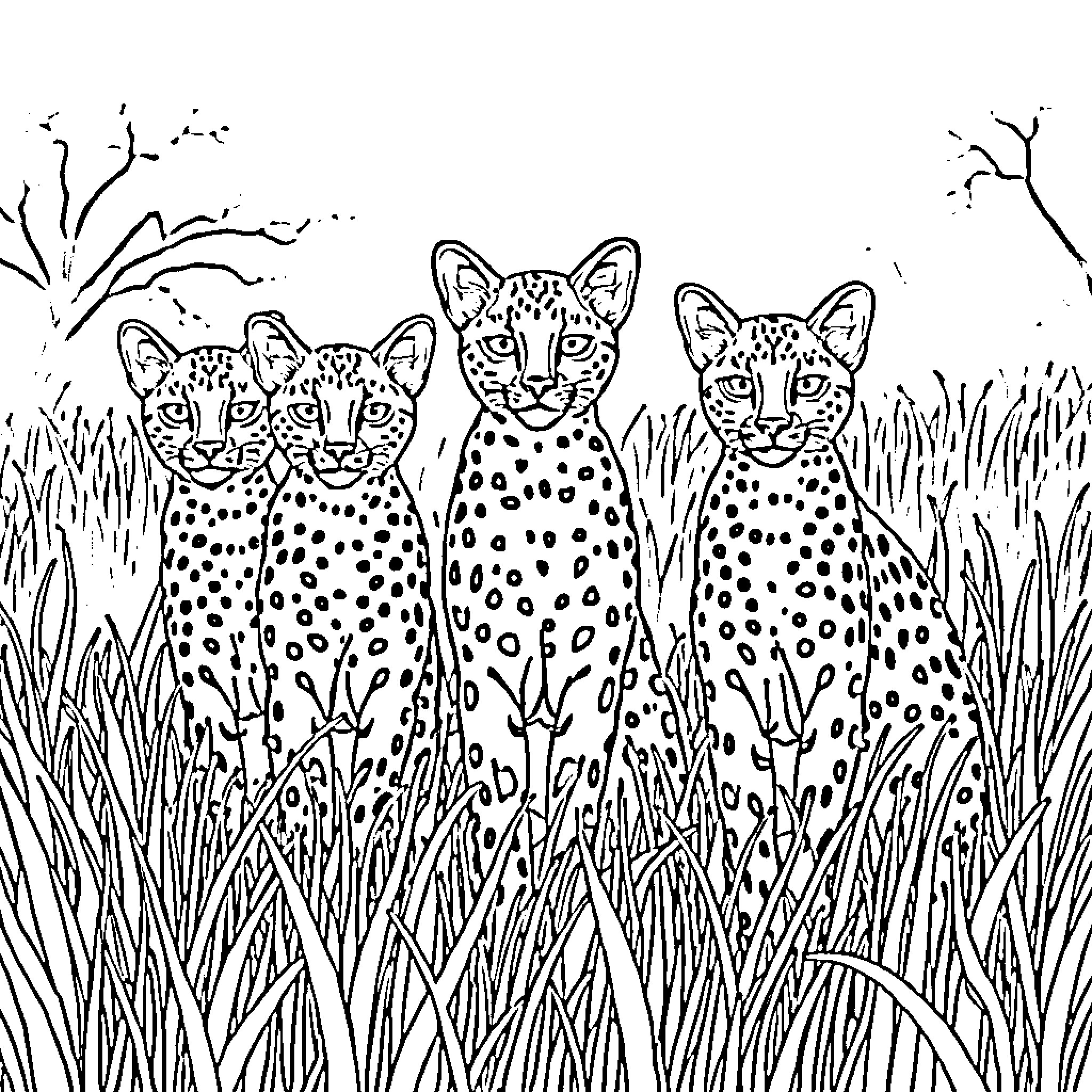 Serval kittens playing in the tall grass Coloring Page (free black-and-white line drawing printable PDF for all, from beginners to advanced learners, including children, teens, adults, and seniors)