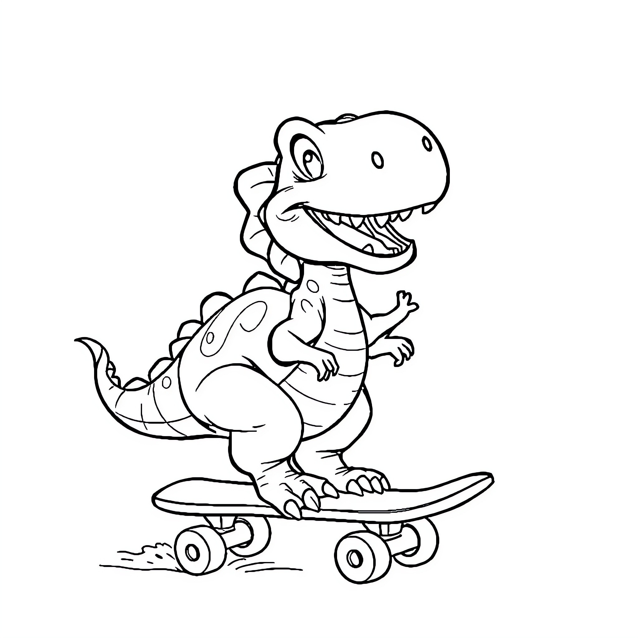 Dinosaur riding a skateboard Coloring Page (free black-and-white line drawing printable PDF for all, from beginners to advanced learners, including children, teens, adults, and seniors)