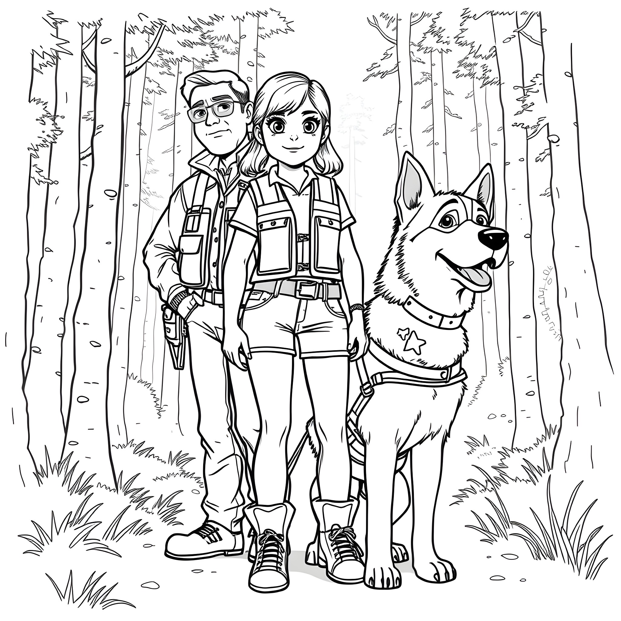 Teen Girl and Boy Explore the Outdoor Forest with Dog Coloring Page (free black-and-white line drawing printable PDF for all, from beginners to advanced learners, including children, teens, adults, and seniors)