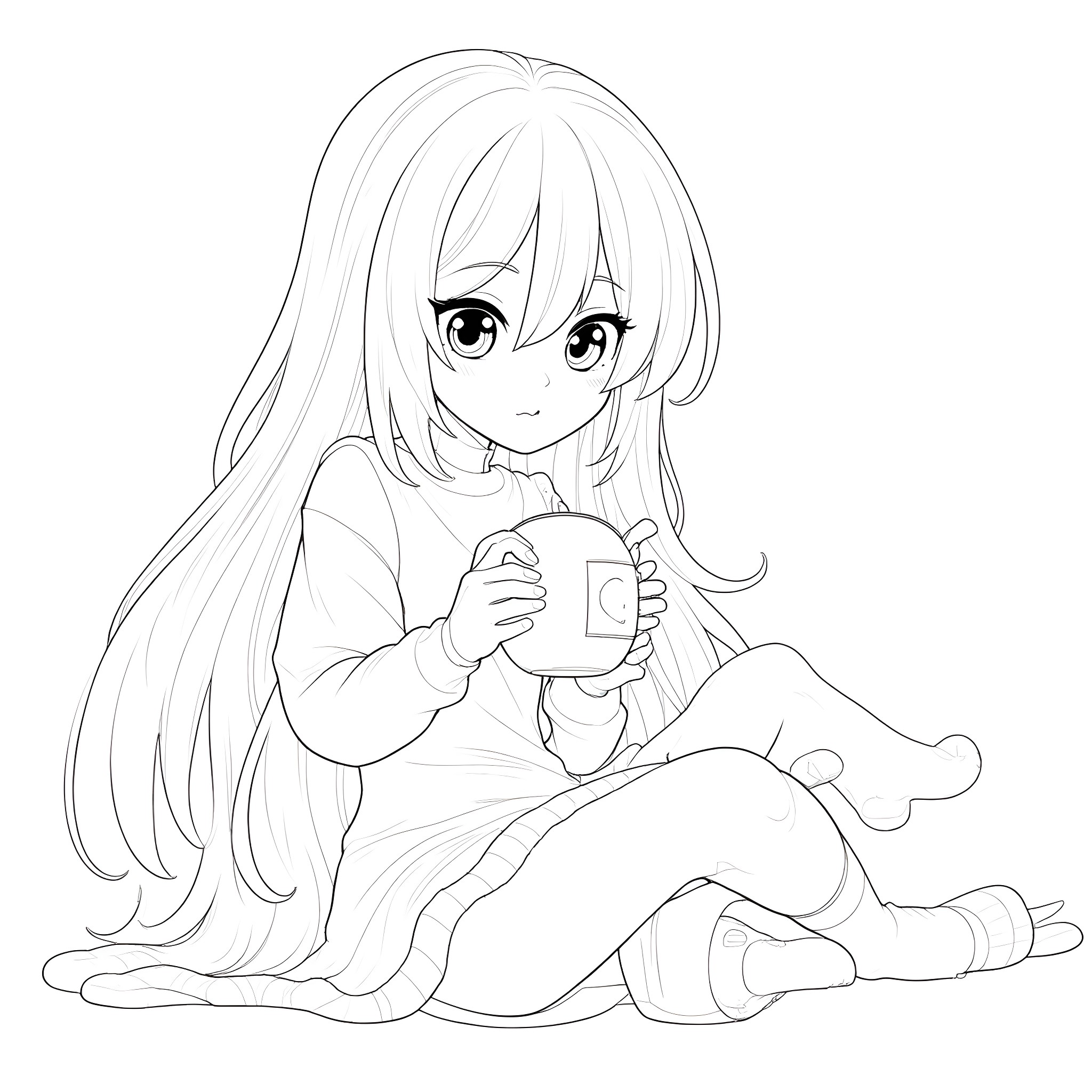 Girl enjoying a warm drink in cozy setting Coloring Page (free black-and-white line drawing printable PDF for all, from beginners to advanced learners, including children, teens, adults, and seniors)