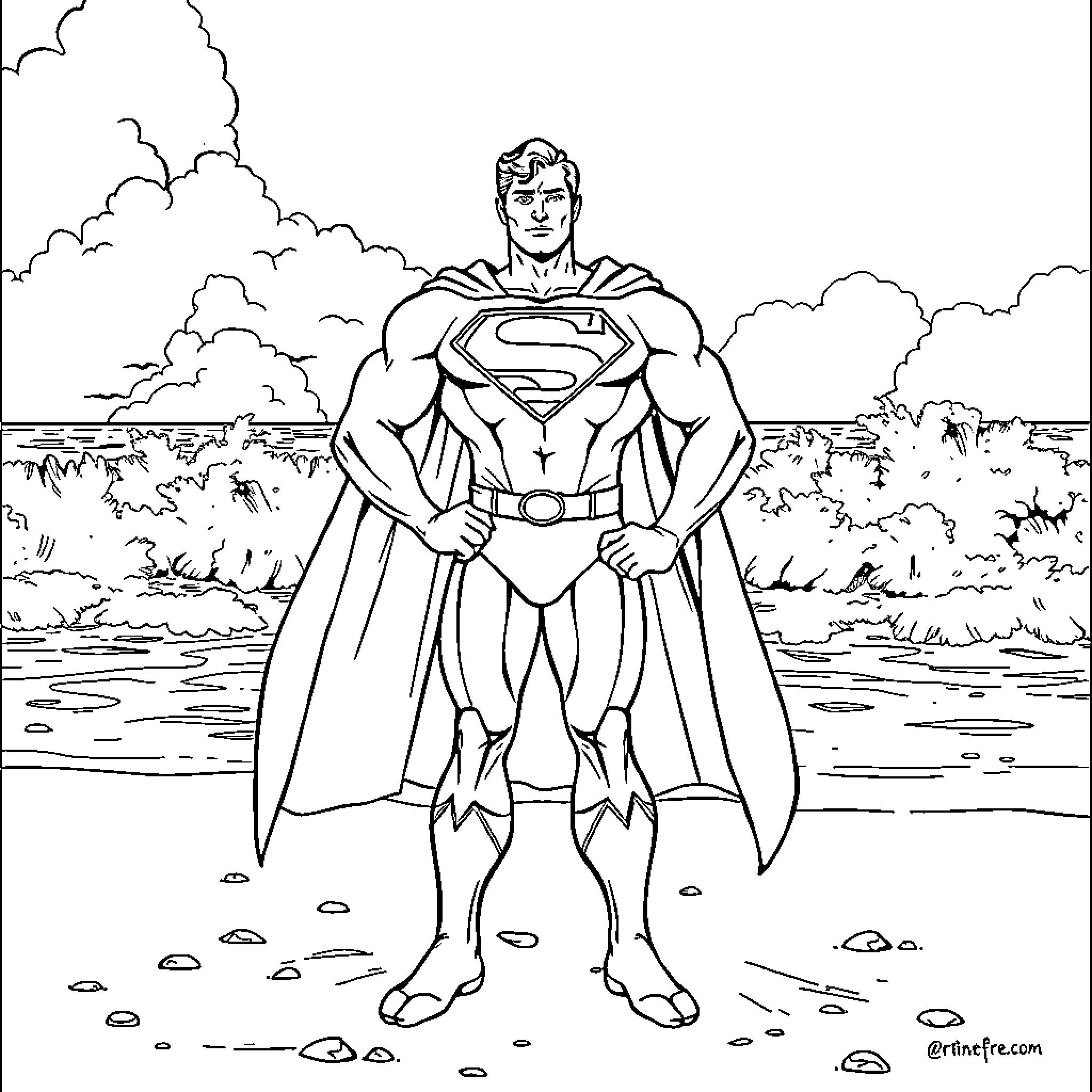 Superman standing heroically in a natural landscape Coloring Page (free black-and-white line drawing printable PDF for all, from beginners to advanced learners, including children, teens, adults, and seniors)