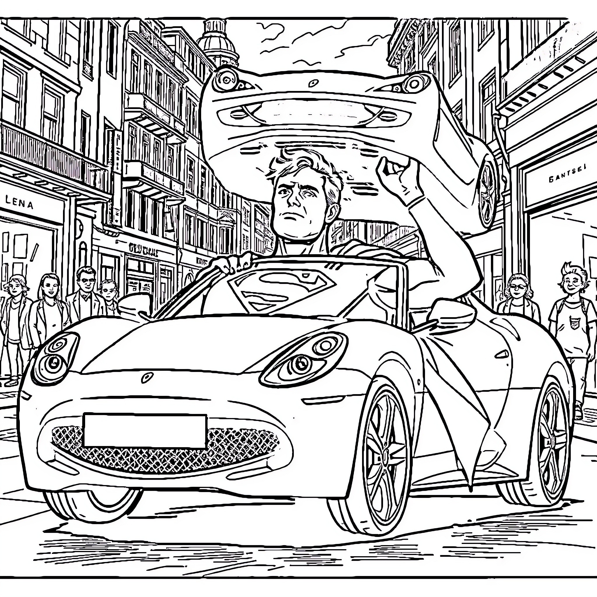 Superman driving a futuristic sports car through the city Coloring Page (free black-and-white line drawing printable PDF for all, from beginners to advanced learners, including children, teens, adults, and seniors)