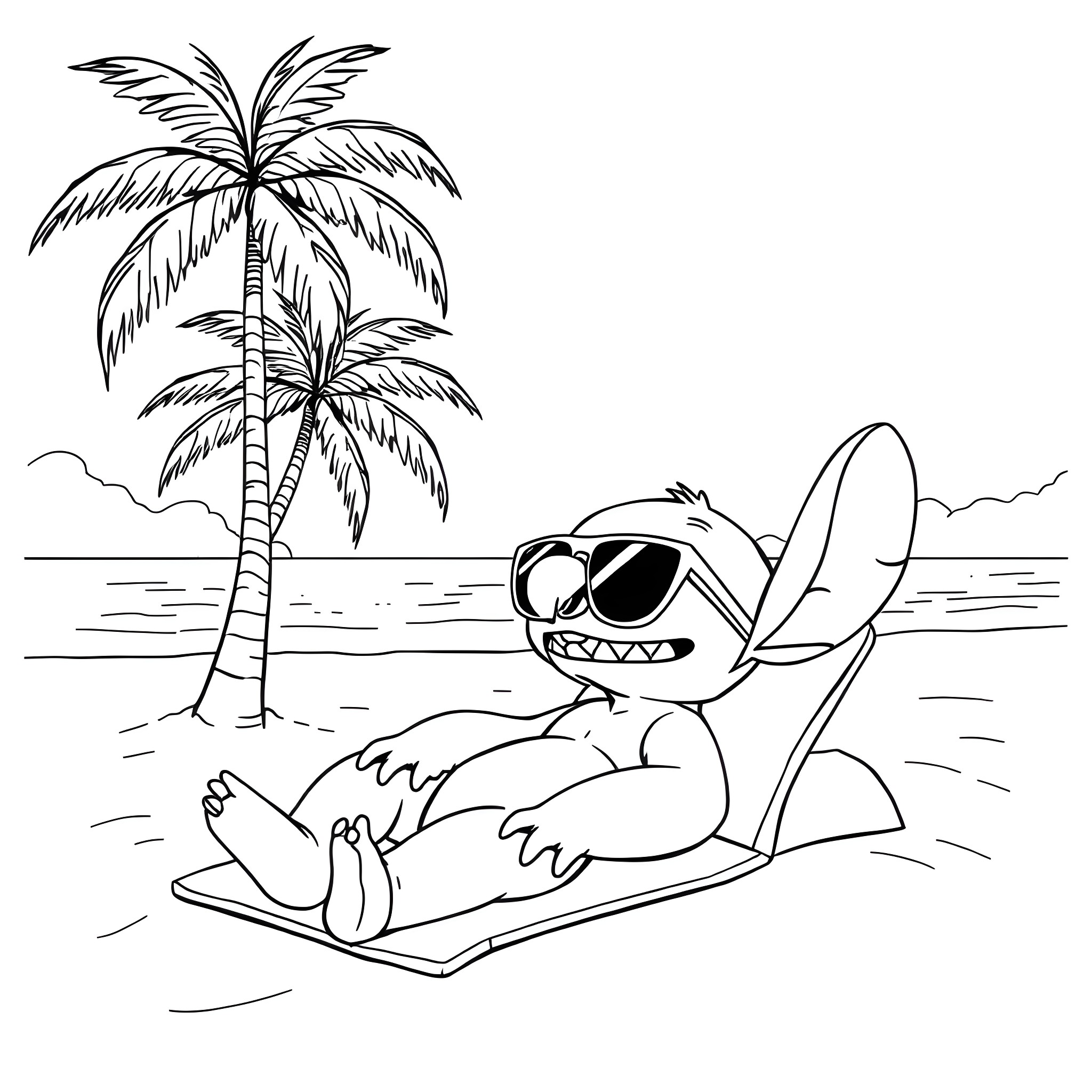 Stitch relaxing on the beach with sunglasses Coloring Page (free black-and-white line drawing printable PDF for all, from beginners to advanced learners, including children, teens, adults, and seniors)