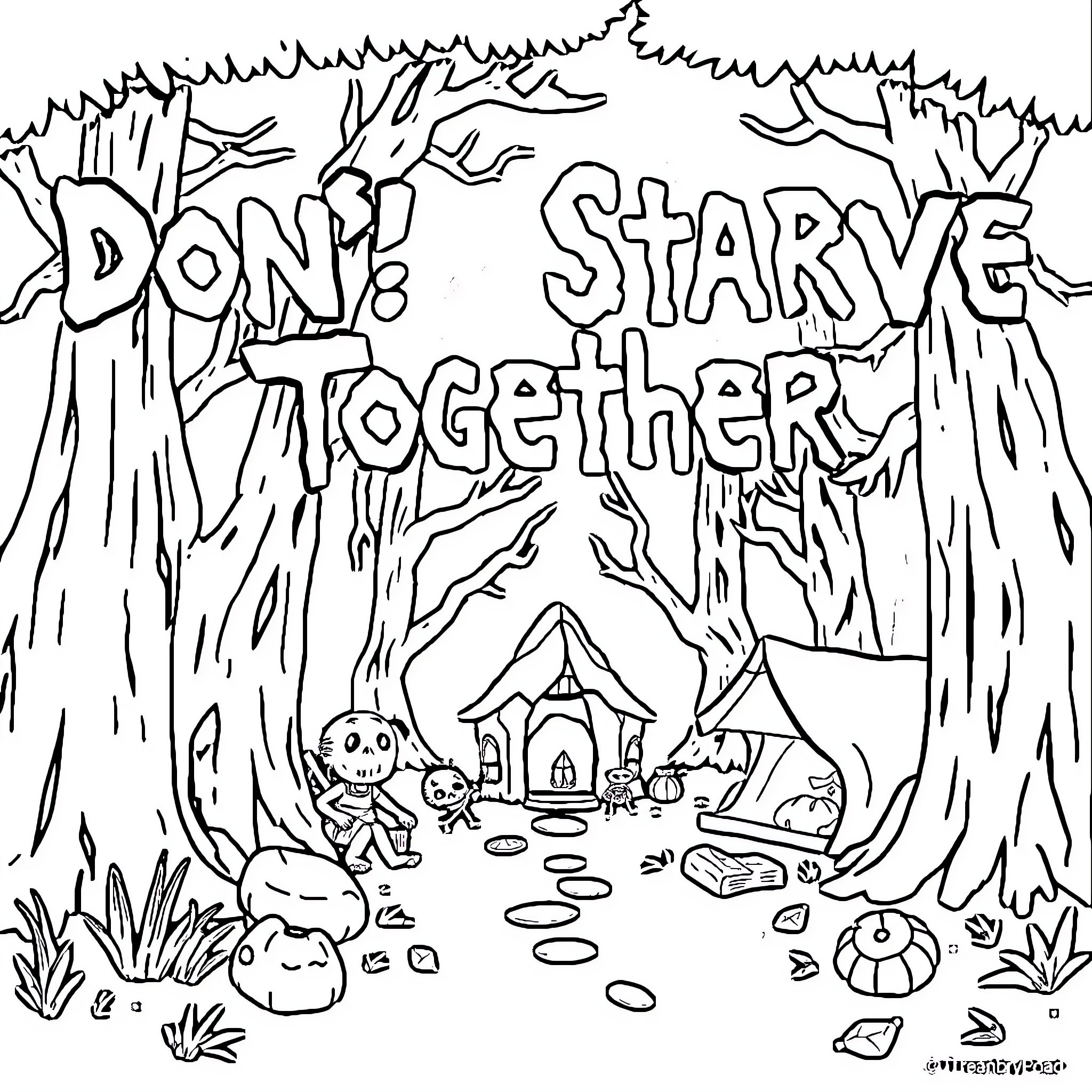 Don't Starve Together: Campsite Adventure in the Forest Coloring Page (free black-and-white line drawing printable PDF for all, from beginners to advanced learners, including children, teens, adults, and seniors)