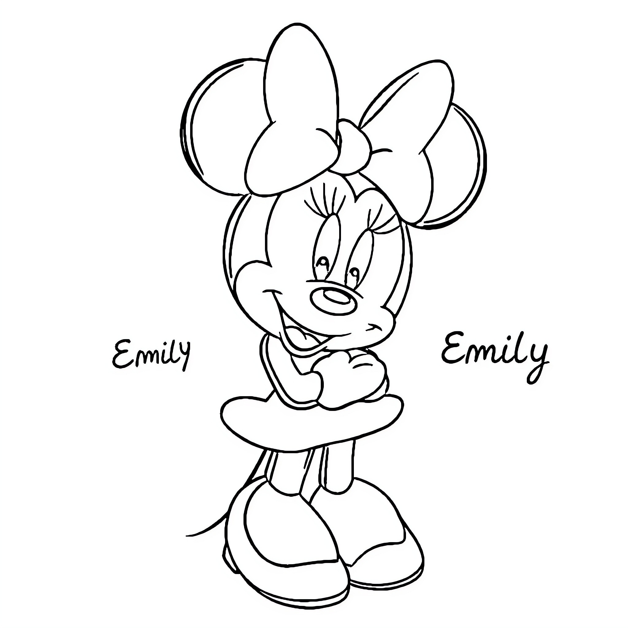 Minnie's Charming Expression Coloring Page (free black-and-white line drawing printable PDF for all, from beginners to advanced learners, including children, teens, adults, and seniors)