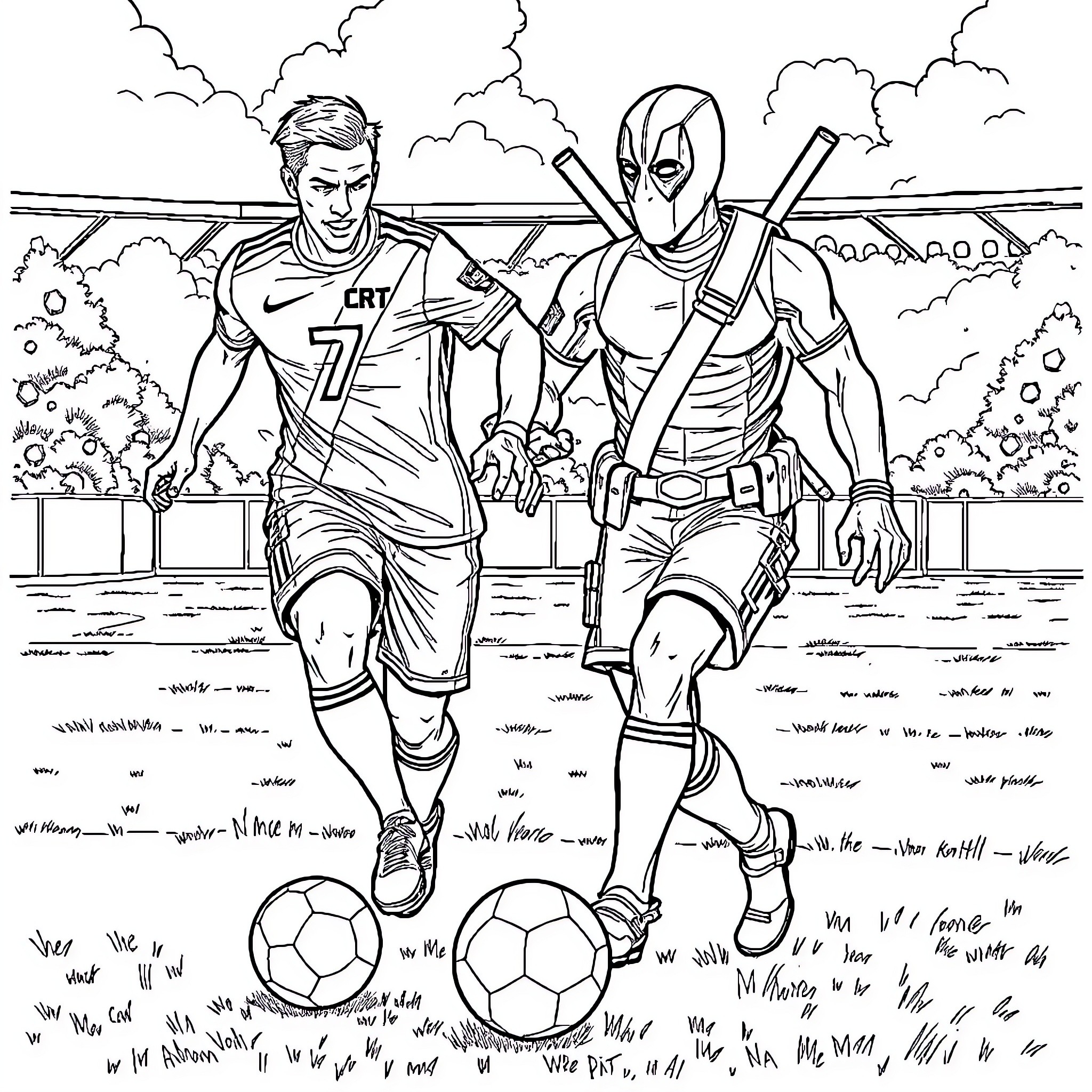 Cr7 soccer players in action on the field Coloring Page (free black-and-white line drawing printable PDF for all, from beginners to advanced learners, including children, teens, adults, and seniors)