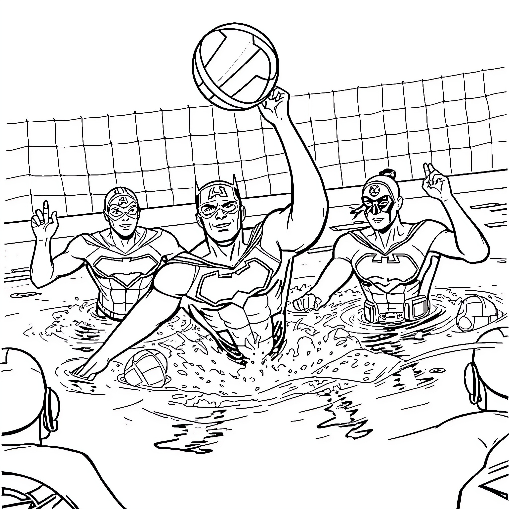 Justice League playing volleyball on the beach Coloring Page (free black-and-white line drawing printable PDF for all, from beginners to advanced learners, including children, teens, adults, and seniors)