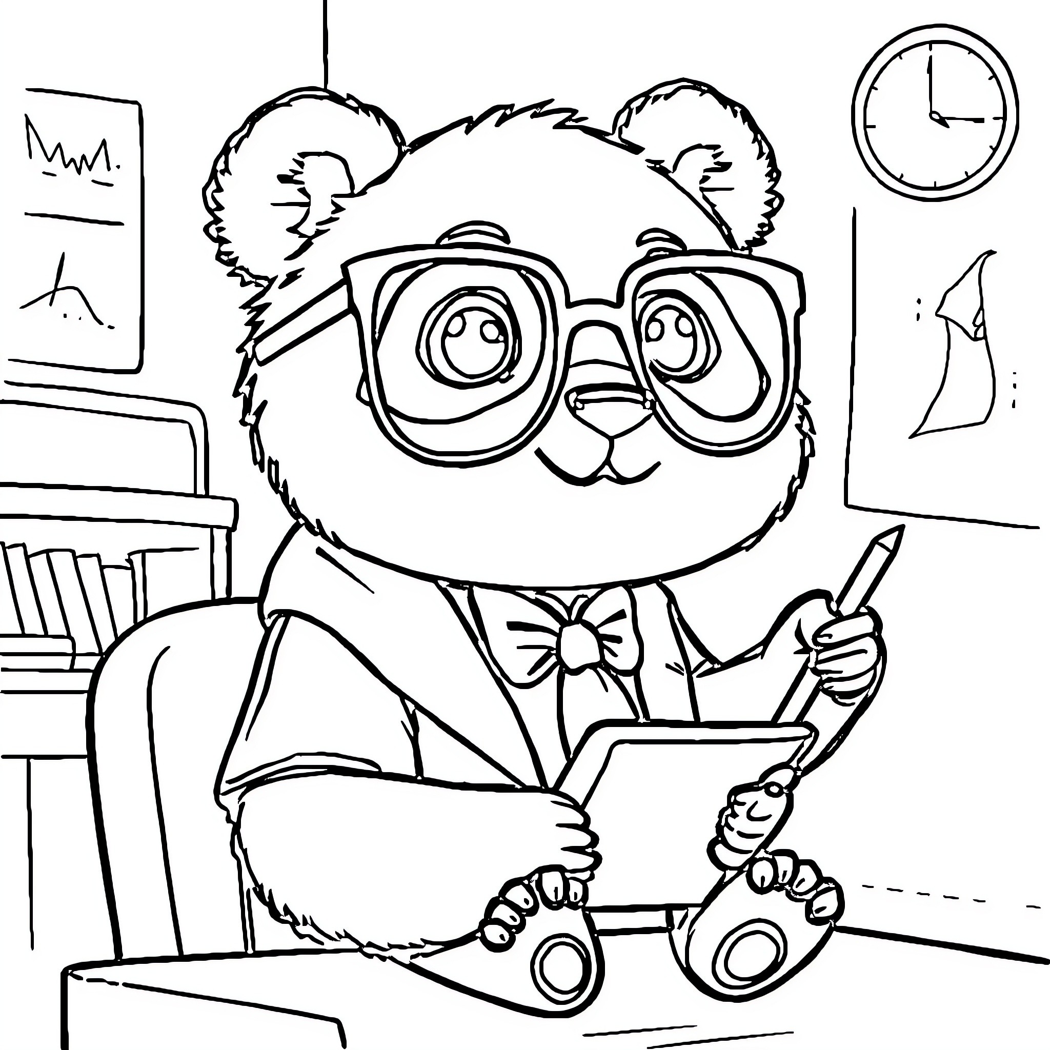 Panda studying diligently in classroom Coloring Page (free black-and-white line drawing printable PDF for all, from beginners to advanced learners, including children, teens, adults, and seniors)