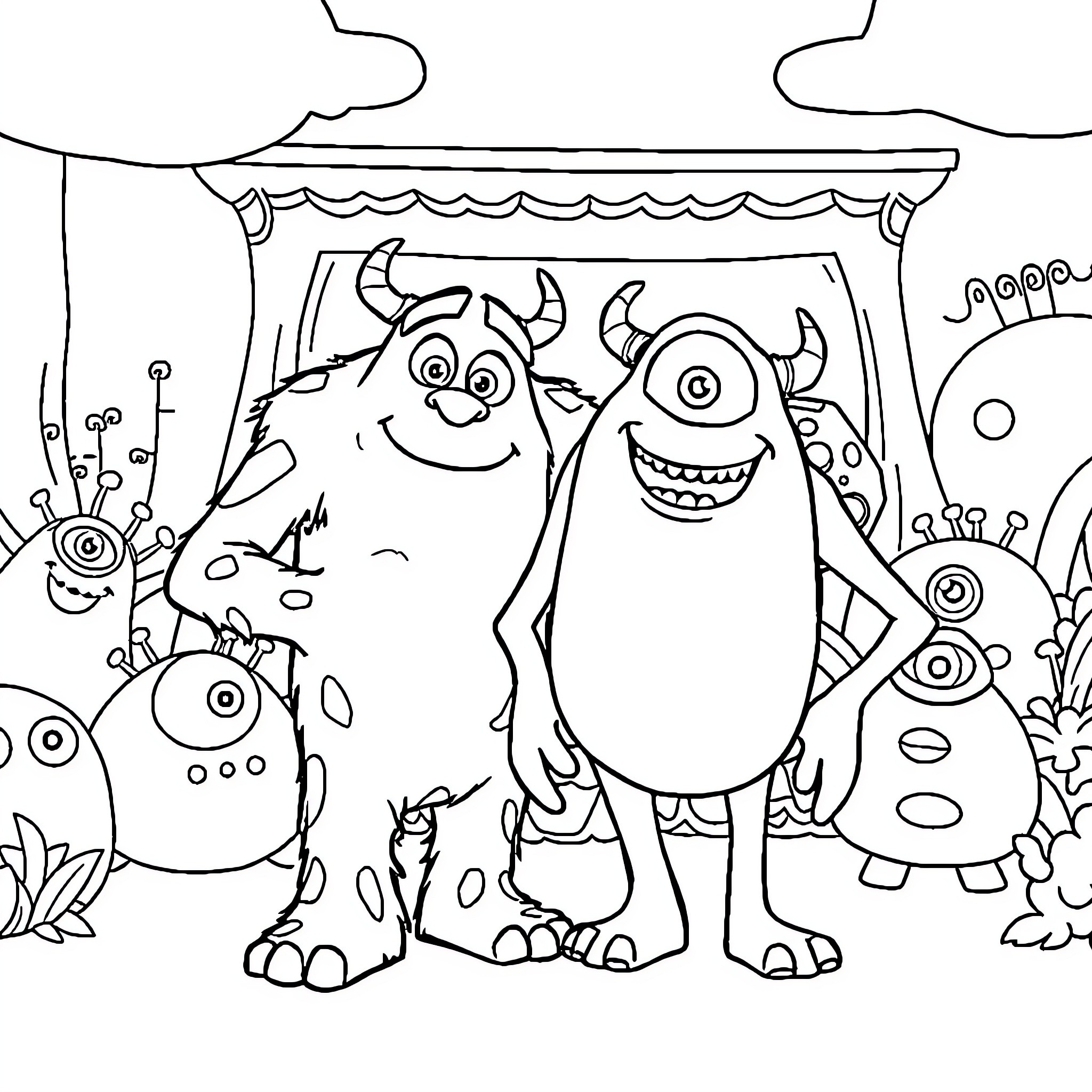 Mike and the Silly Monsters Coloring Page (free black-and-white line drawing printable PDF for all, from beginners to advanced learners, including children, teens, adults, and seniors)