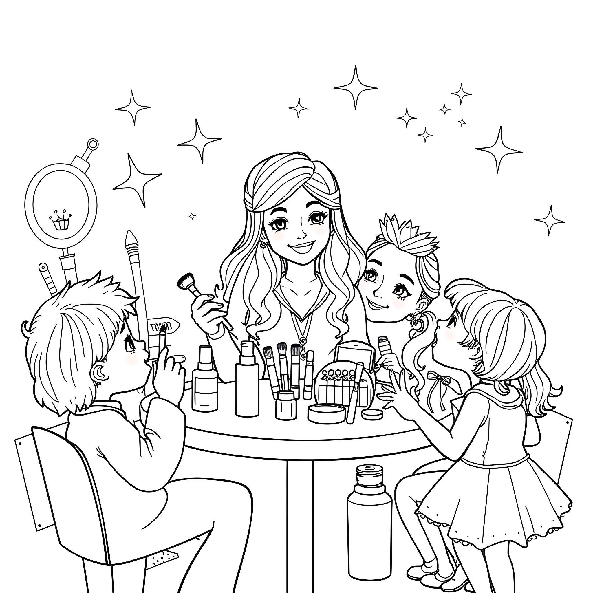 Makeup Selfies with Friends Coloring Page (free black-and-white line drawing printable PDF for all, from beginners to advanced learners, including children, teens, adults, and seniors)
