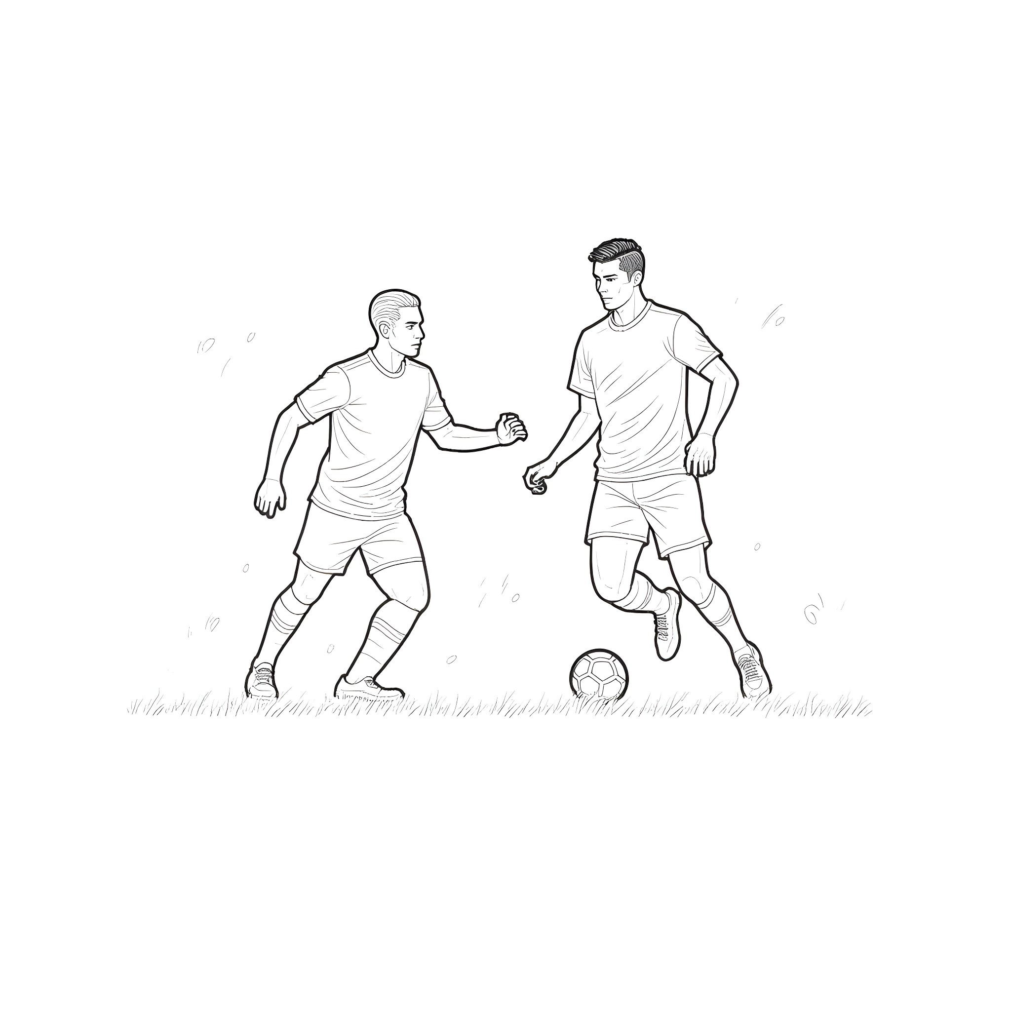 Football players competing for the ball Coloring Page (free black-and-white line drawing printable PDF for all, from beginners to advanced learners, including children, teens, adults, and seniors)