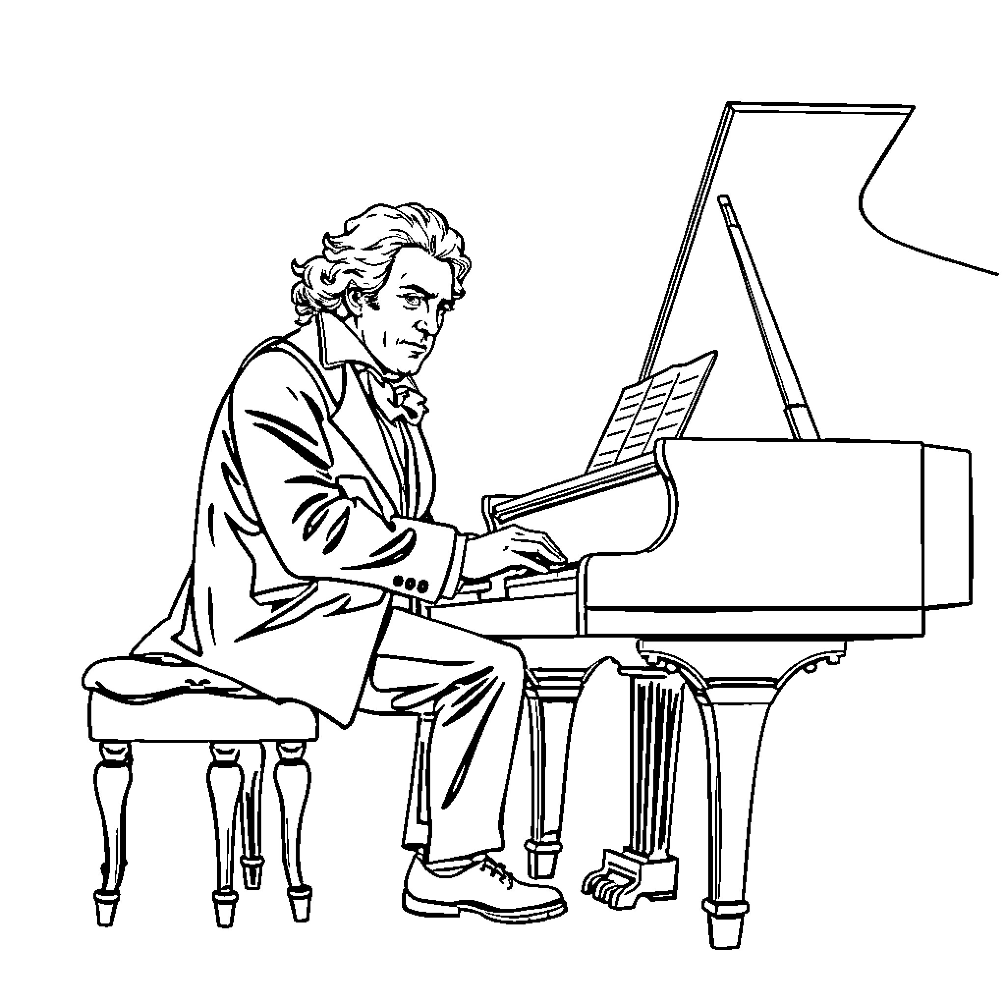 Beethoven composing at the piano Coloring Page (free black-and-white line drawing printable PDF for all, from beginners to advanced learners, including children, teens, adults, and seniors)