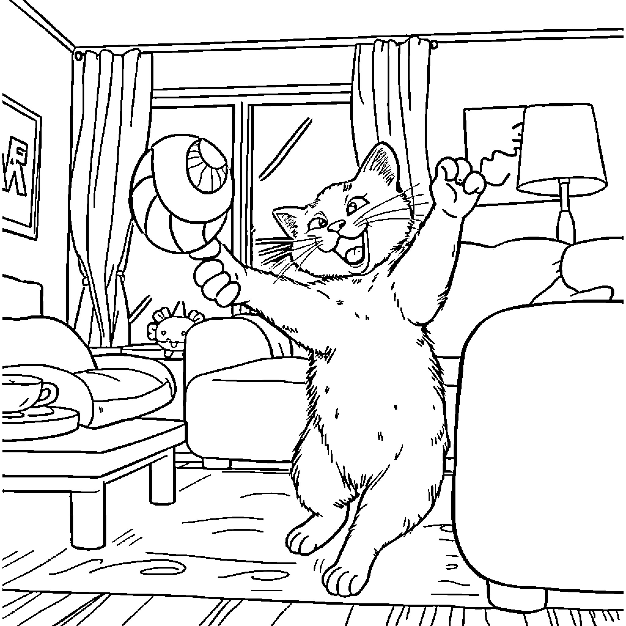 Cat exploring cozy indoor space Coloring Page (free black-and-white line drawing printable PDF for all, from beginners to advanced learners, including children, teens, adults, and seniors)
