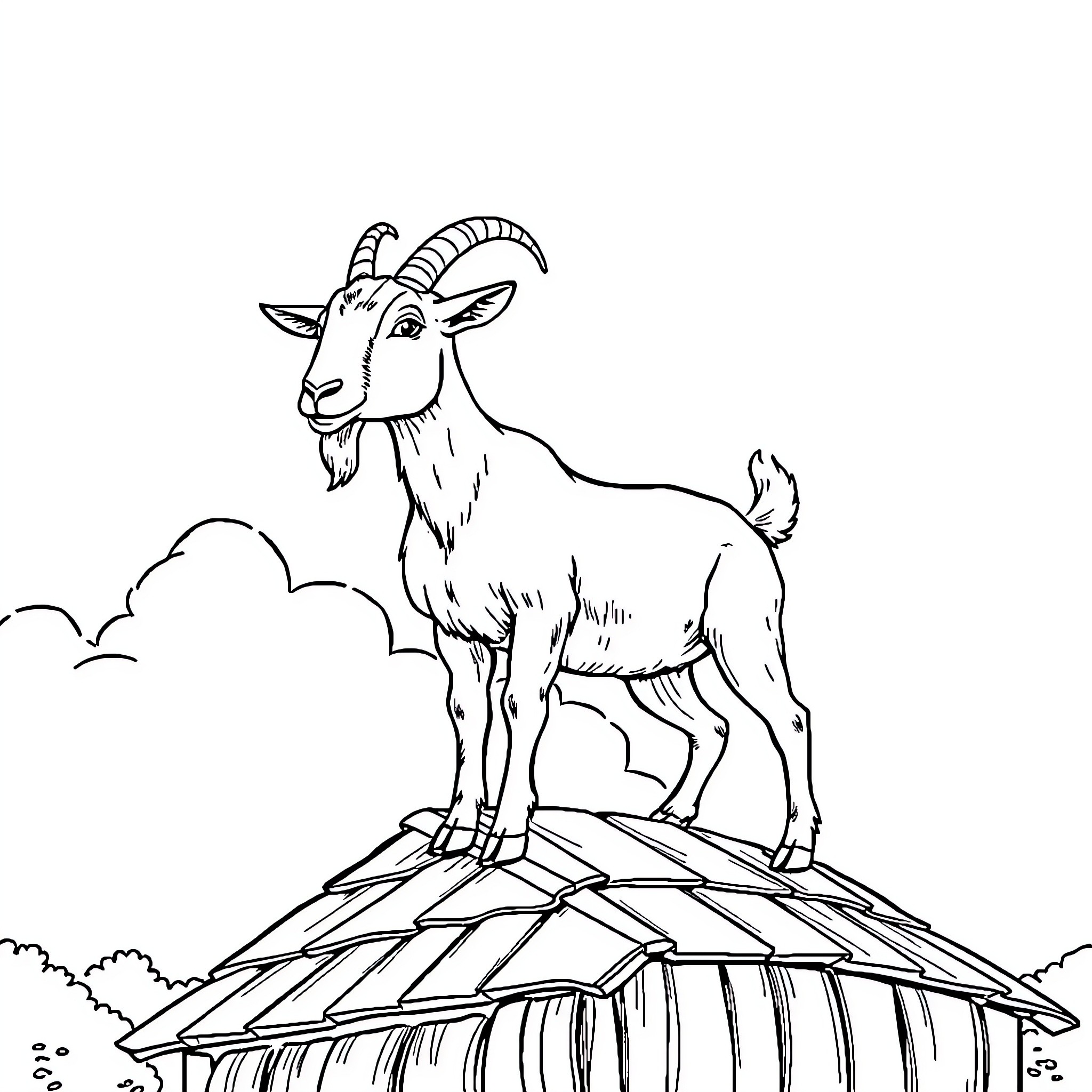 Goat standing atop a thatched roof Coloring Page (free black-and-white line drawing printable PDF for all, from beginners to advanced learners, including children, teens, adults, and seniors)