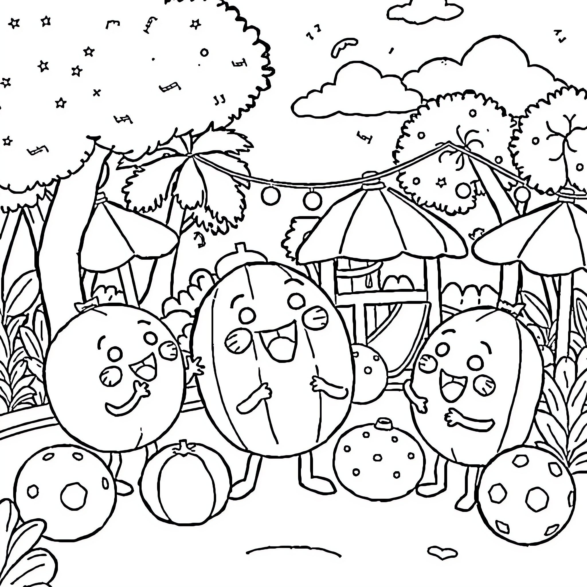 Cocomelon characters in a whimsical outdoor scene Coloring Page (free black-and-white line drawing printable PDF for all, from beginners to advanced learners, including children, teens, adults, and seniors)