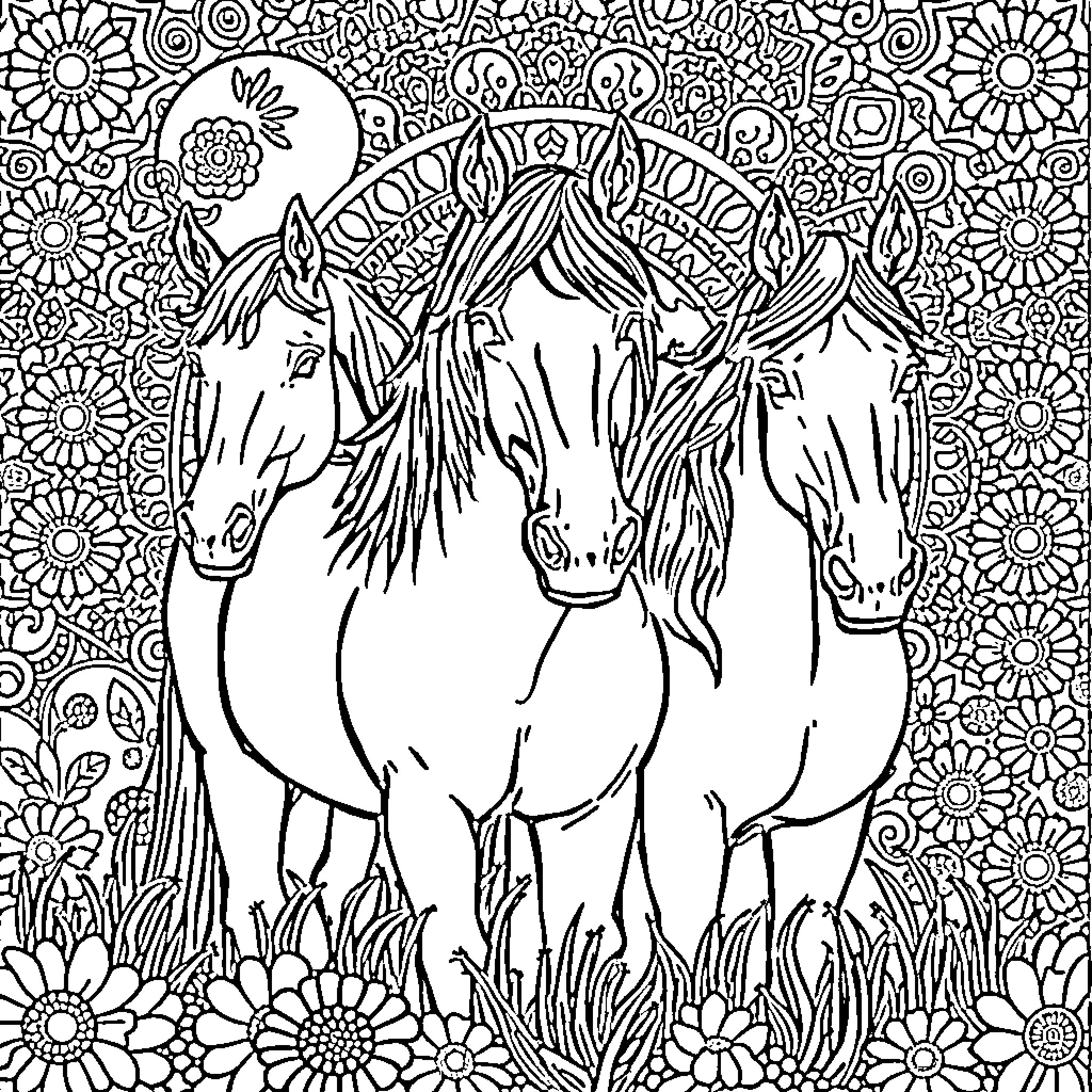 Horse trio in a floral garden Coloring Page (free black-and-white line drawing printable PDF for all, from beginners to advanced learners, including children, teens, adults, and seniors)