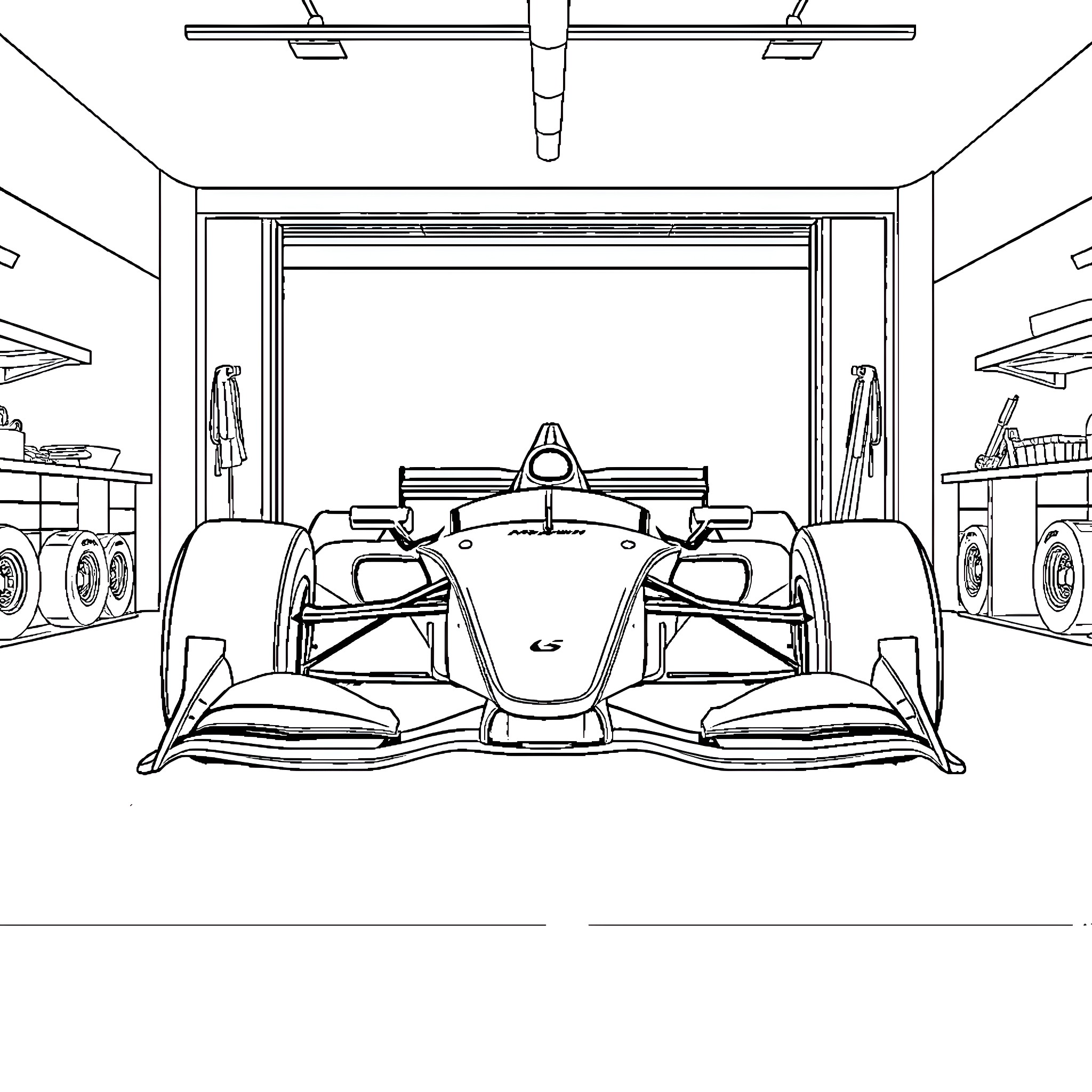 Formula 1 Car in Racing Garage Coloring Page (free black-and-white line drawing printable PDF for all, from beginners to advanced learners, including children, teens, adults, and seniors)