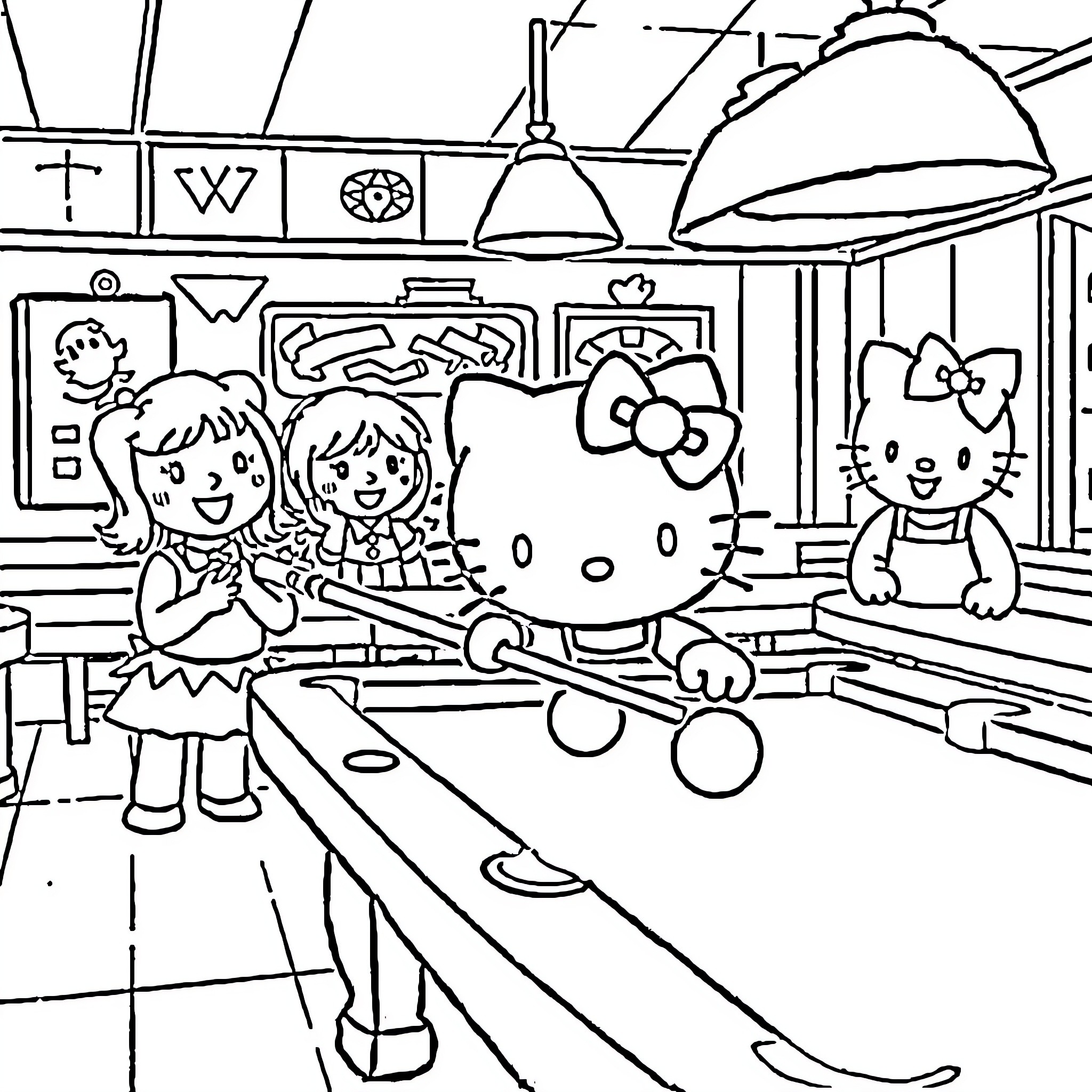 Hello Kitty and Friends Bowling Fun Coloring Page (free black-and-white line drawing printable PDF for all, from beginners to advanced learners, including children, teens, adults, and seniors)