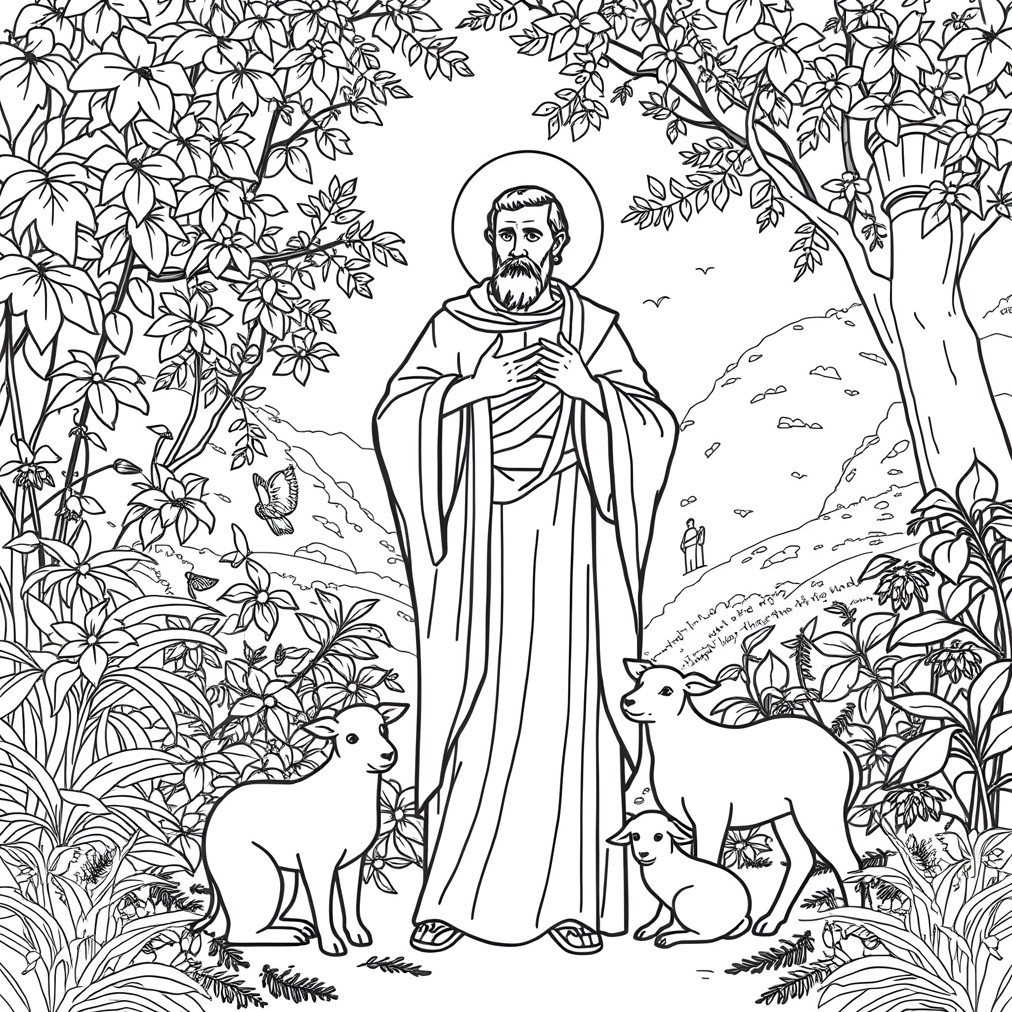 St. Francis of Assisi preaching to the animals in nature Coloring Page (free black-and-white line drawing printable PDF for all, from beginners to advanced learners, including children, teens, adults, and seniors)