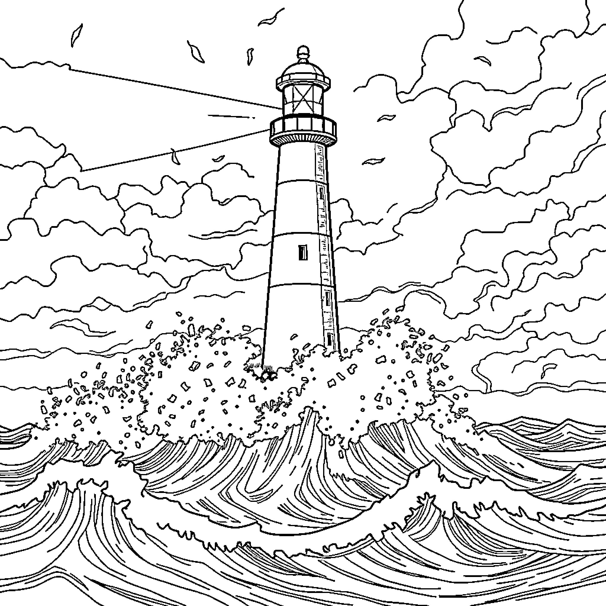 Lighthouse guiding through the stormy sea Coloring Page (free black-and-white line drawing printable PDF for all, from beginners to advanced learners, including children, teens, adults, and seniors)