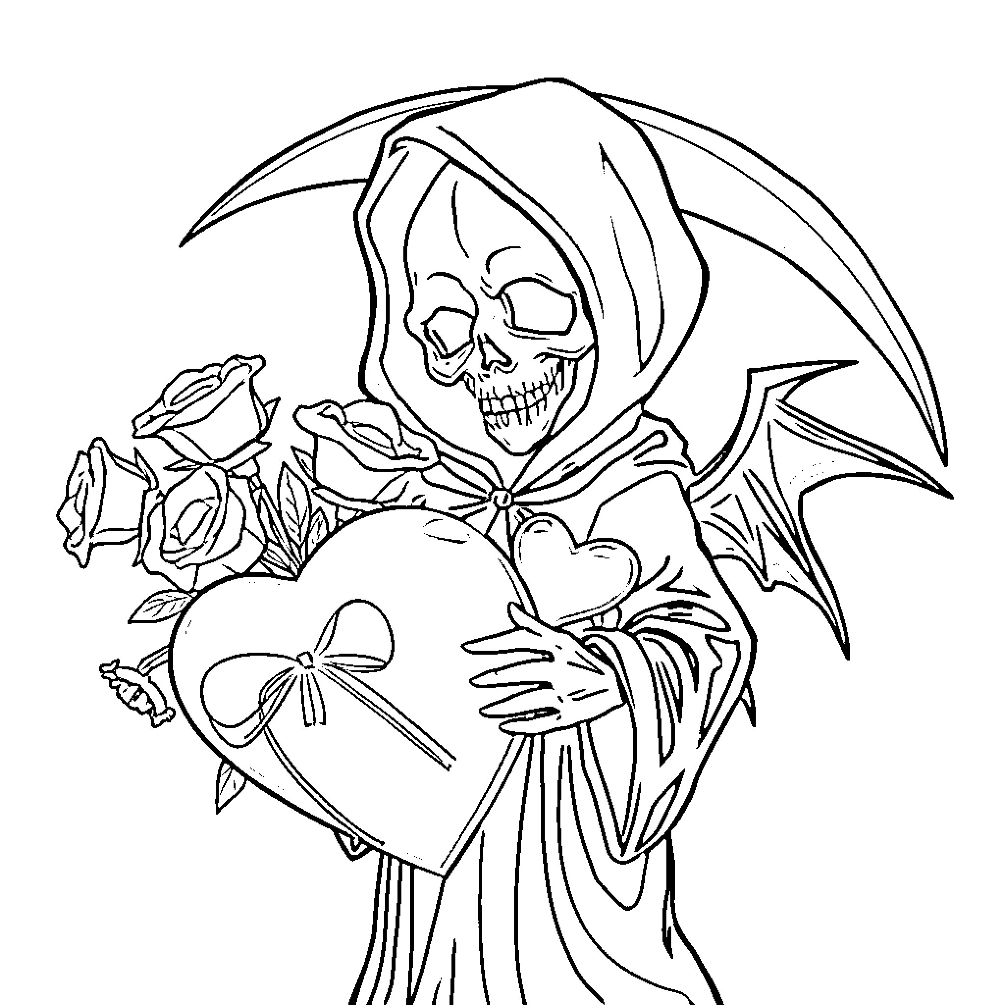 Grim Reaper holding a heart-shaped gift with roses Coloring Page (free black-and-white line drawing printable PDF for all, from beginners to advanced learners, including children, teens, adults, and seniors)