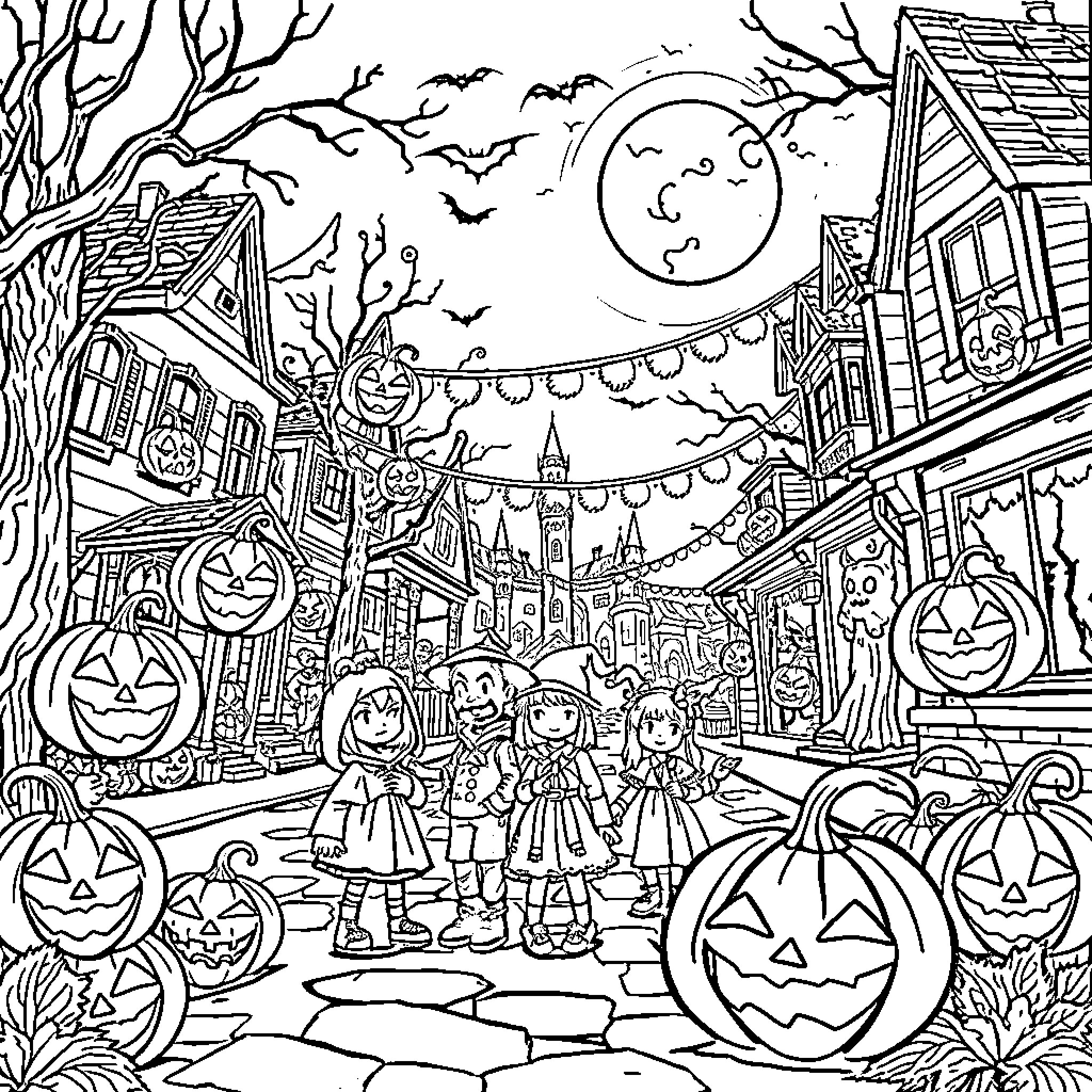 Halloween Trick-or-Treating on a Spooky Street Coloring Page (free black-and-white line drawing printable PDF for all, from beginners to advanced learners, including children, teens, adults, and seniors)