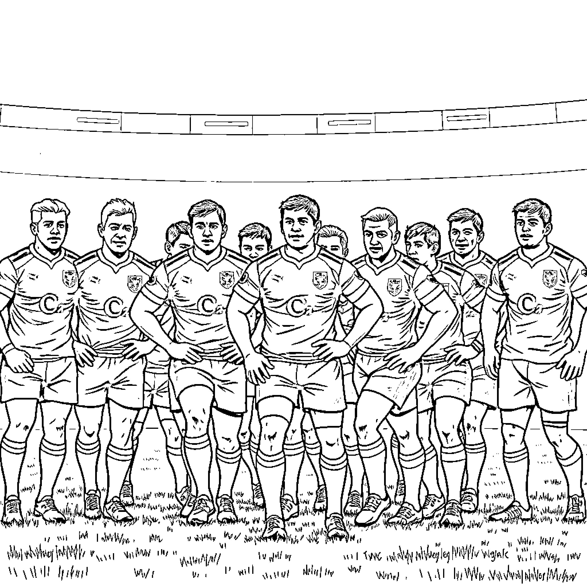Rugby Team in Uniform on the Field Coloring Page (free black-and-white line drawing printable PDF for all, from beginners to advanced learners, including children, teens, adults, and seniors)