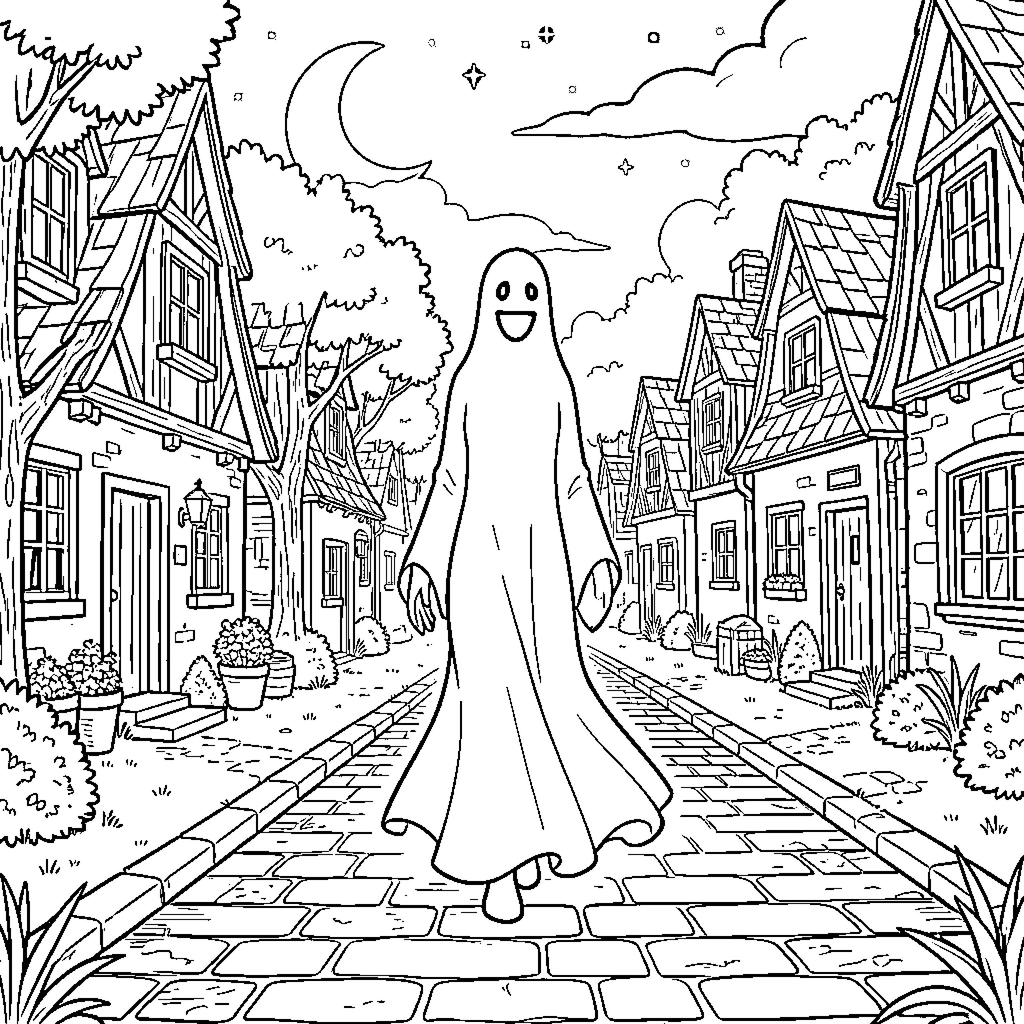 Phantom ghost floating down a village street at night Coloring Page (free black-and-white line drawing printable PDF for all, from beginners to advanced learners, including children, teens, adults, and seniors)