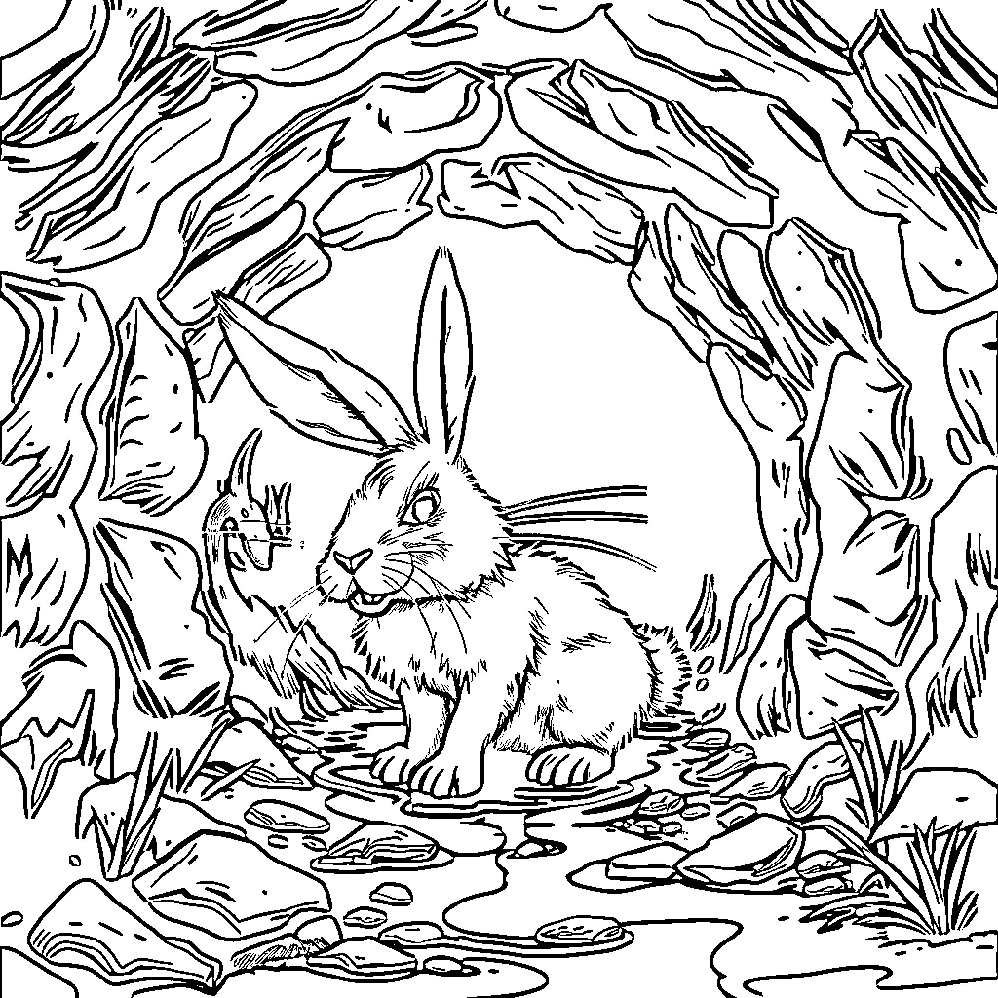 Rabbit exploring the wilderness Coloring Page (free black-and-white line drawing printable PDF for all, from beginners to advanced learners, including children, teens, adults, and seniors)