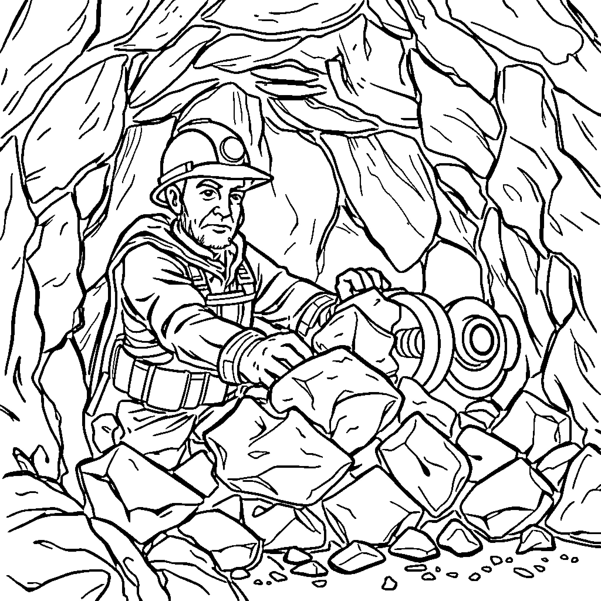 Miner examining rock formation in underground tunnel Coloring Page (free black-and-white line drawing printable PDF for all, from beginners to advanced learners, including children, teens, adults, and seniors)