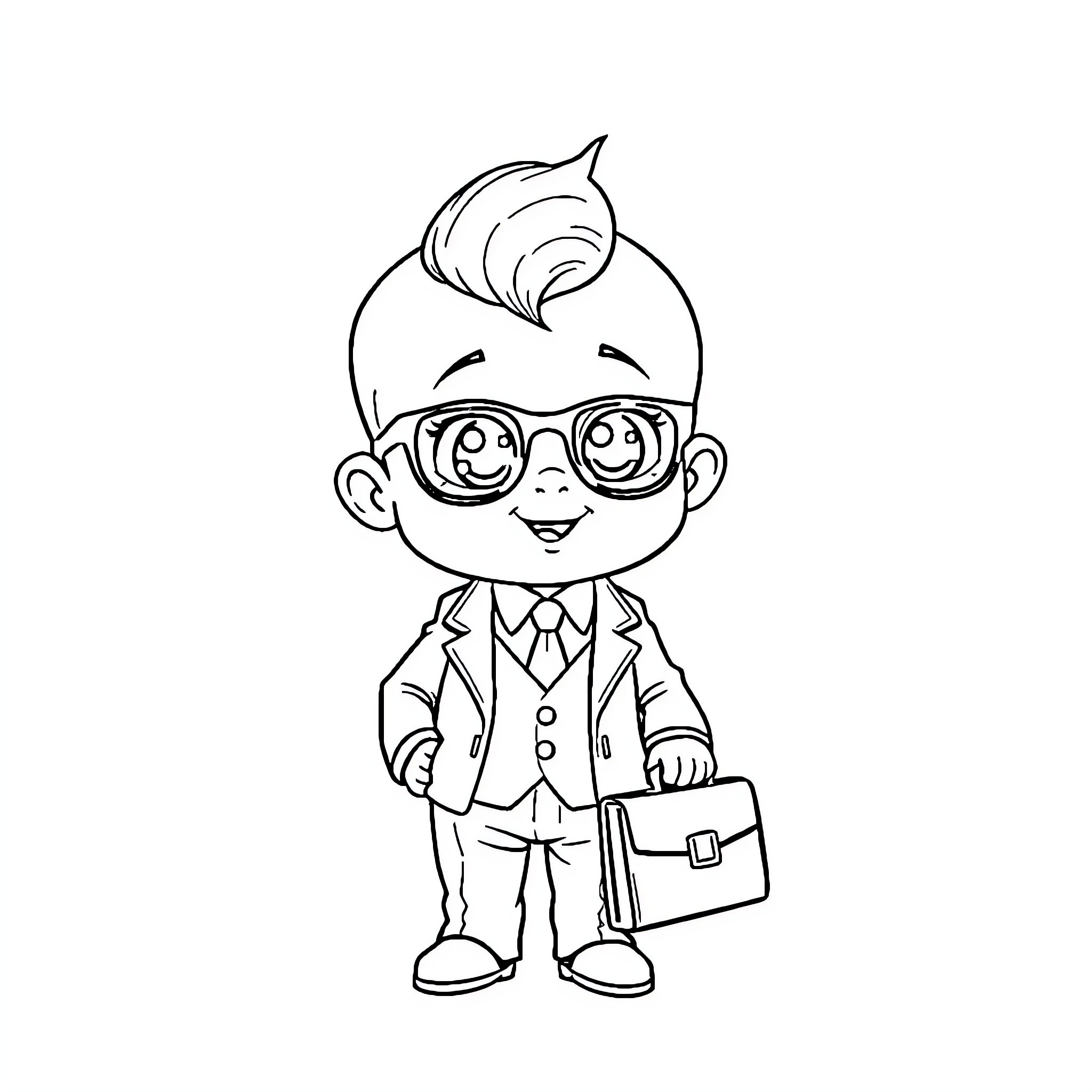 Baby businessman with glasses and briefcase Coloring Page (free black-and-white line drawing printable PDF for all, from beginners to advanced learners, including children, teens, adults, and seniors)