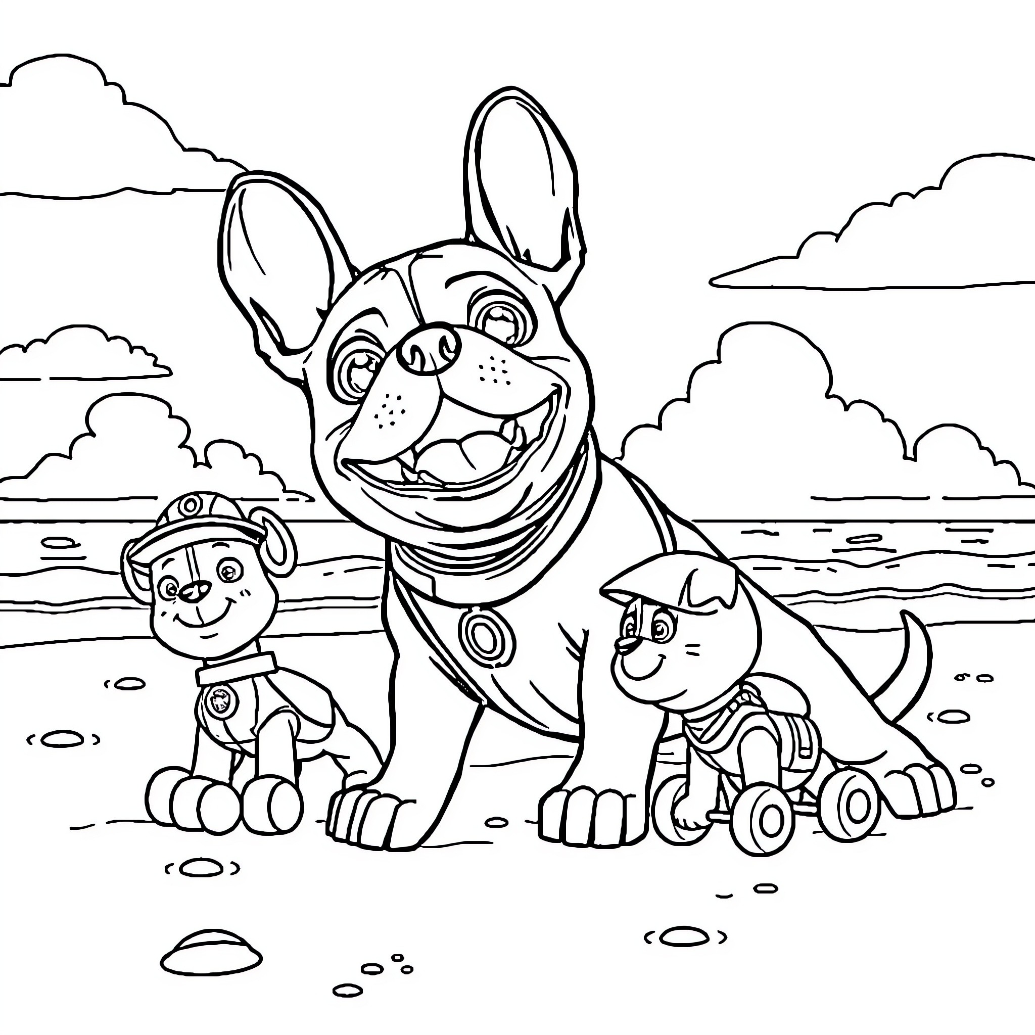 Bulldog and pup playing on the beach Coloring Page (free black-and-white line drawing printable PDF for all, from beginners to advanced learners, including children, teens, adults, and seniors)
