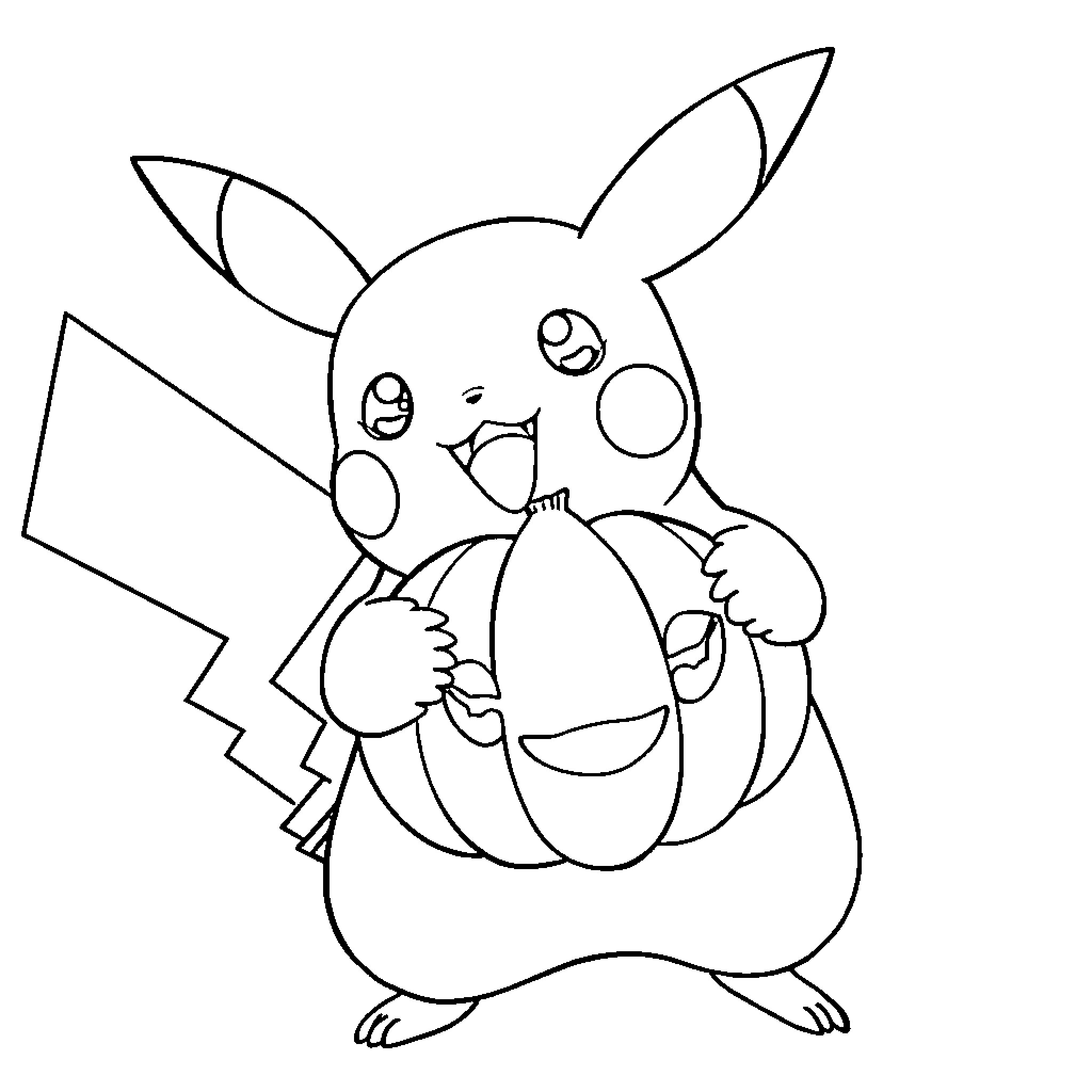 Pikachu holding a pumpkin with a happy expression Coloring Page (free black-and-white line drawing printable PDF for all, from beginners to advanced learners, including children, teens, adults, and seniors)