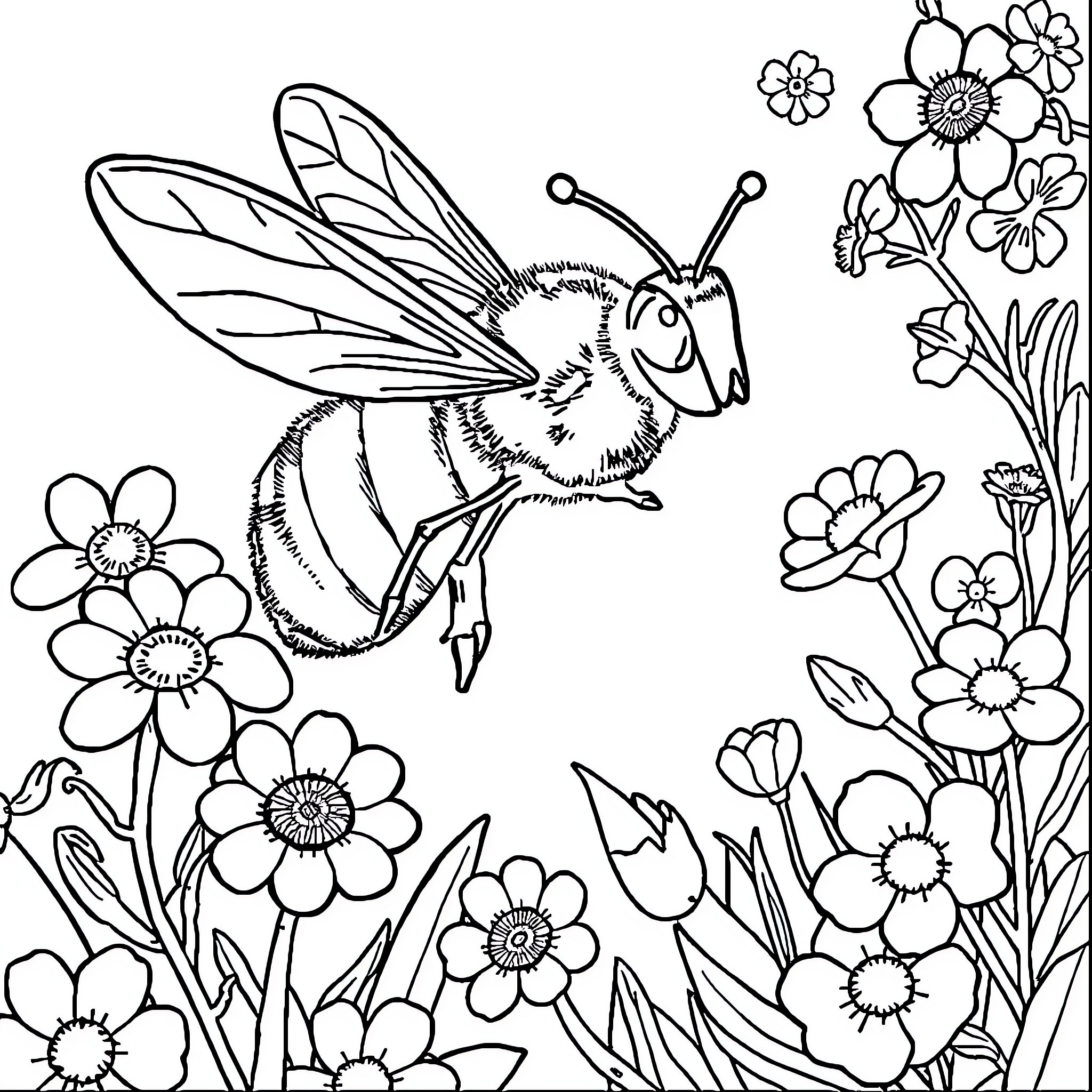 Bee exploring floral garden with vibrant flowers Coloring Page (free black-and-white line drawing printable PDF for all, from beginners to advanced learners, including children, teens, adults, and seniors)