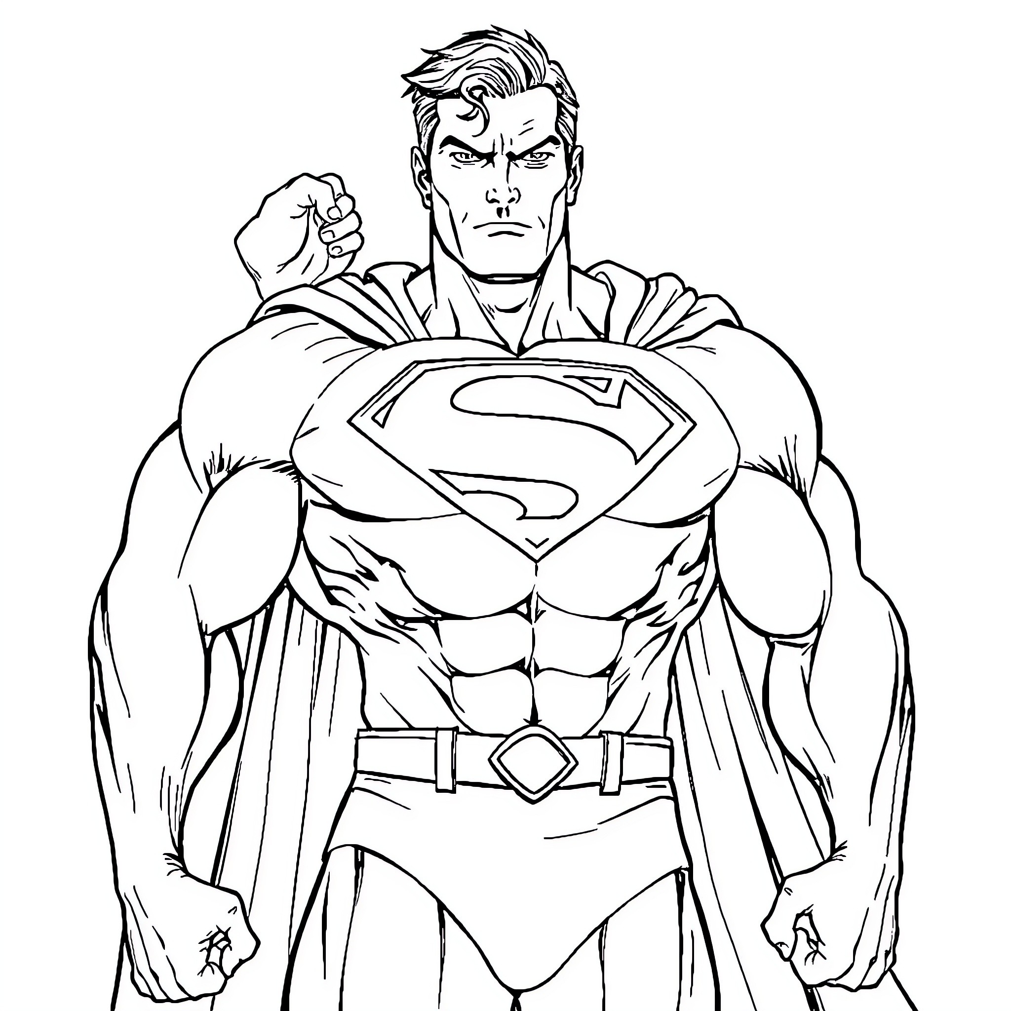 Superman in heroic stance with emblematic costume Coloring Page (free black-and-white line drawing printable PDF for all, from beginners to advanced learners, including children, teens, adults, and seniors)