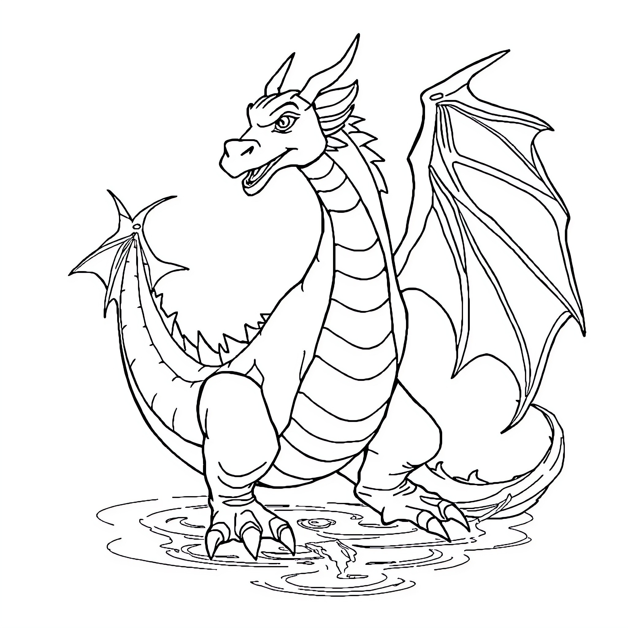 Dracaufeu's Powerful Stance and Majestic Wings Coloring Page (free black-and-white line drawing printable PDF for all, from beginners to advanced learners, including children, teens, adults, and seniors)