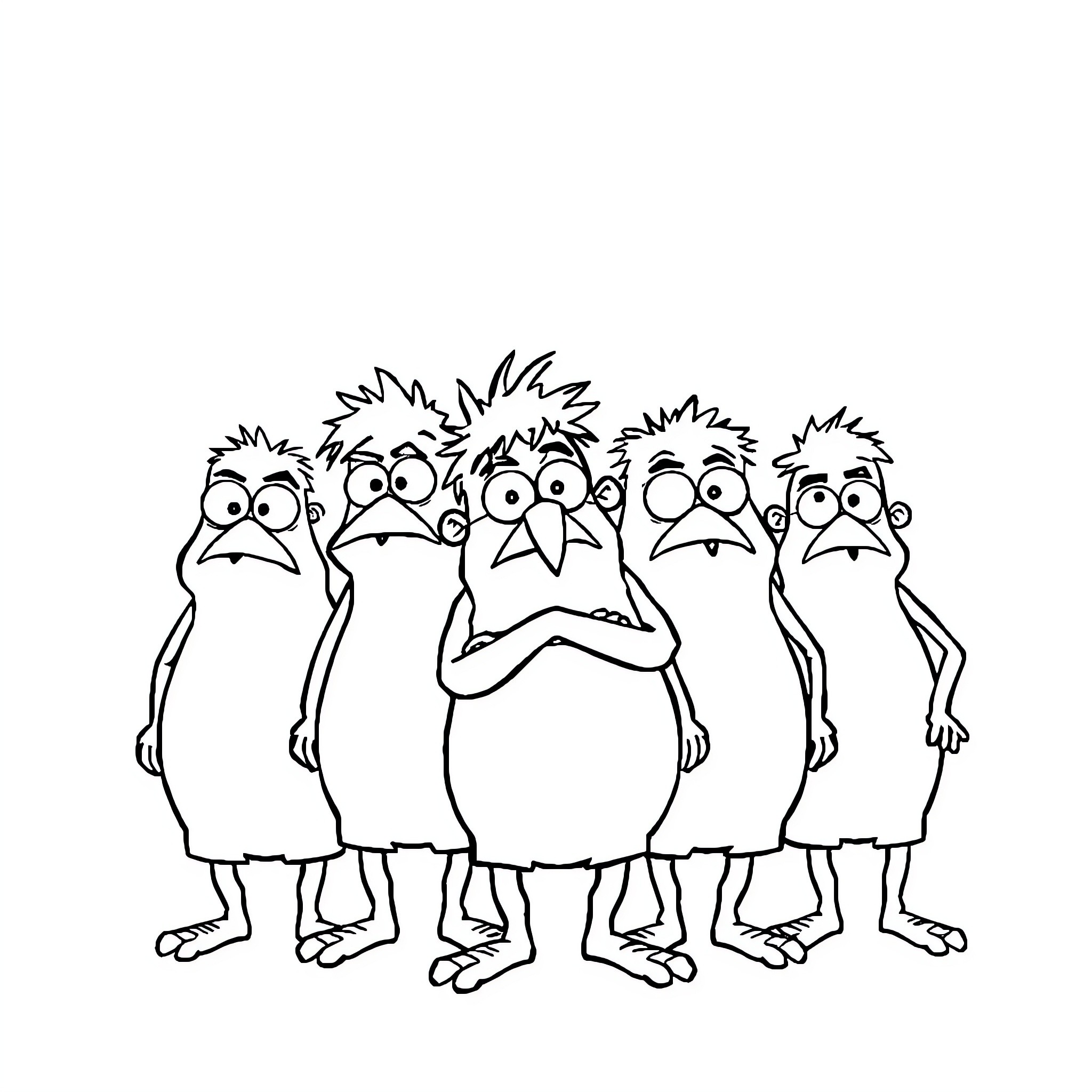 Flunky Misfits Huddled Together Coloring Page (free black-and-white line drawing printable PDF for all, from beginners to advanced learners, including children, teens, adults, and seniors)