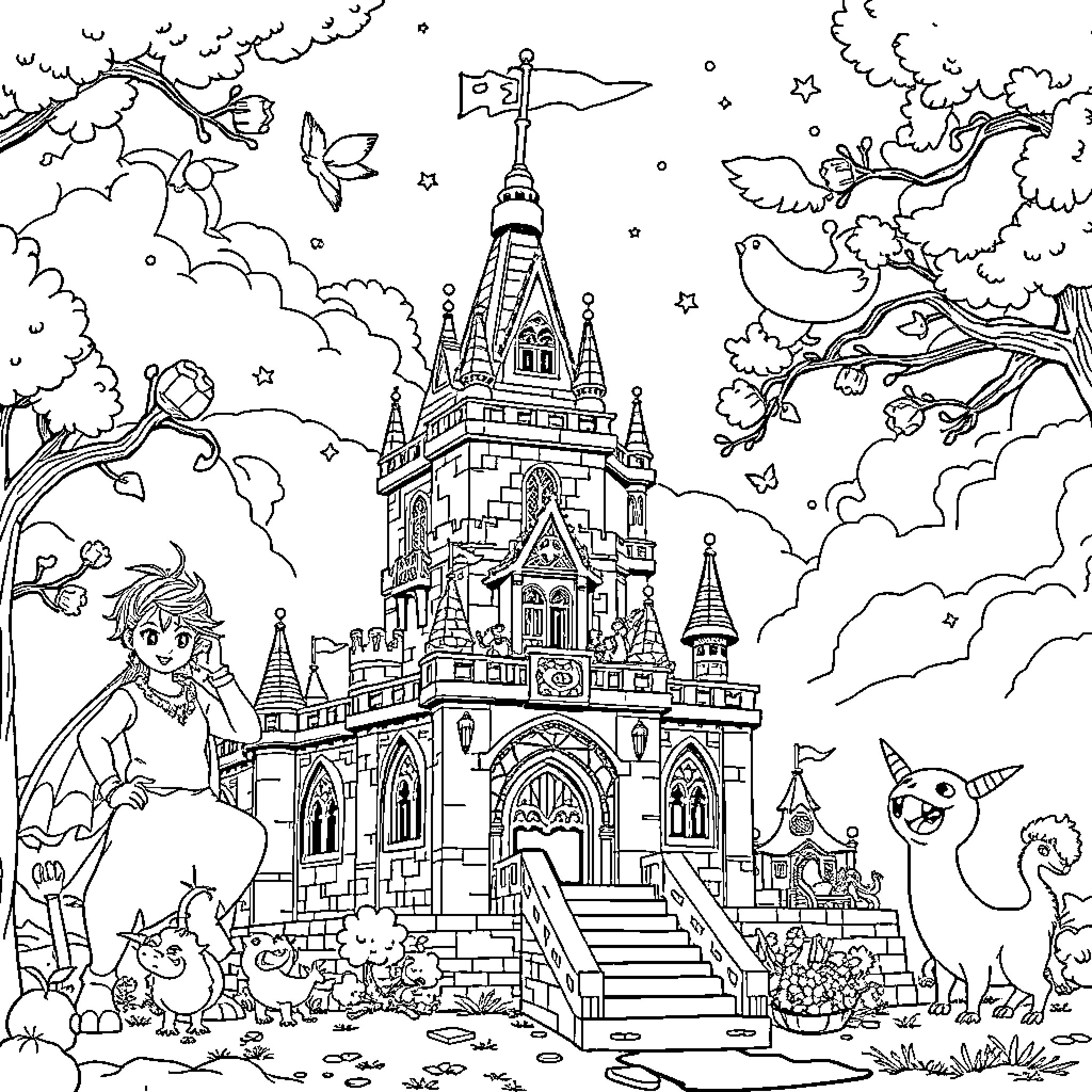 Natsu's Enchanted Castle Adventure Coloring Page (free black-and-white line drawing printable PDF for all, from beginners to advanced learners, including children, teens, adults, and seniors)