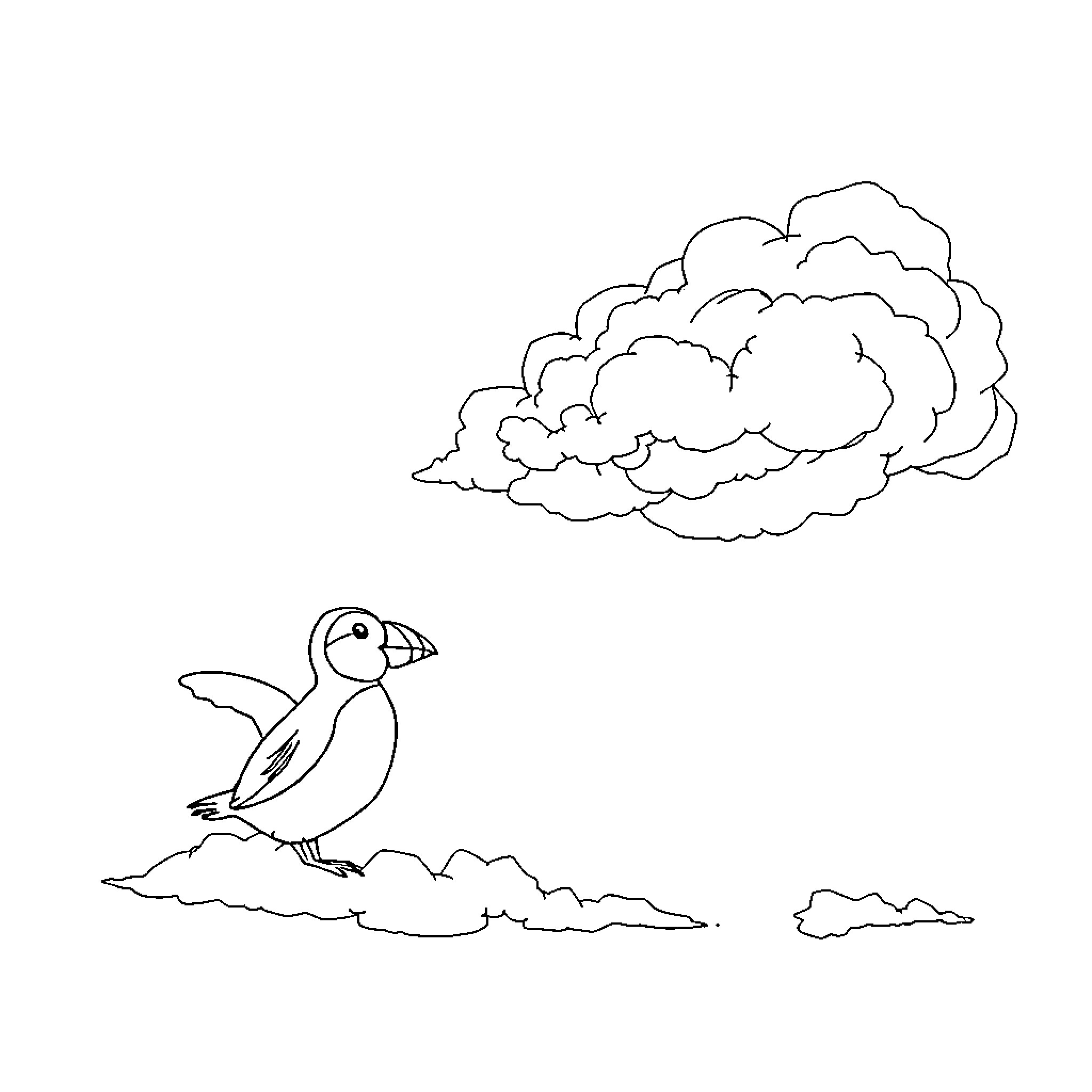 Lion cloud soaring above puffin bird Coloring Page (free black-and-white line drawing printable PDF for all, from beginners to advanced learners, including children, teens, adults, and seniors)