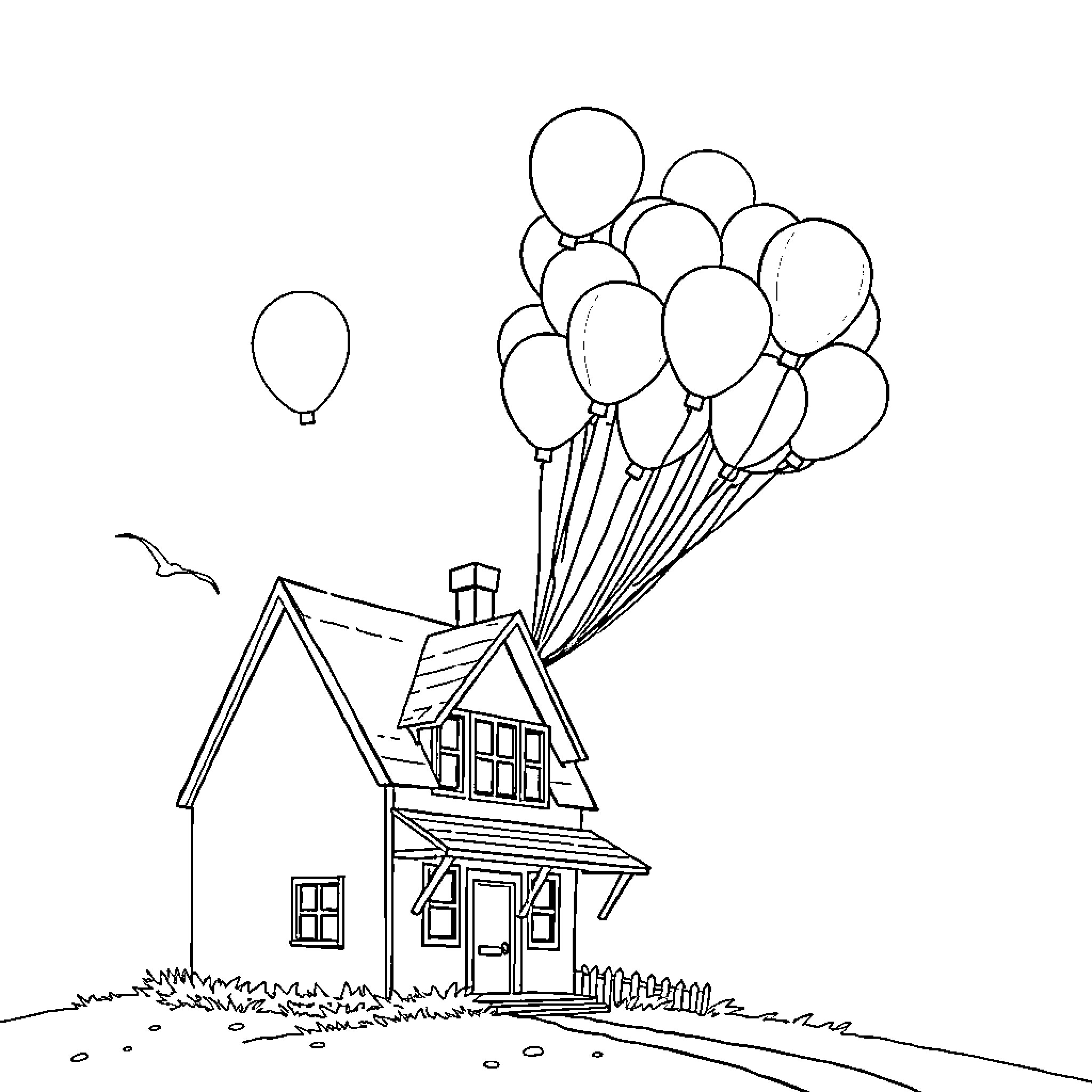 House with Floating Balloons Coloring Page (free black-and-white line drawing printable PDF for all, from beginners to advanced learners, including children, teens, adults, and seniors)