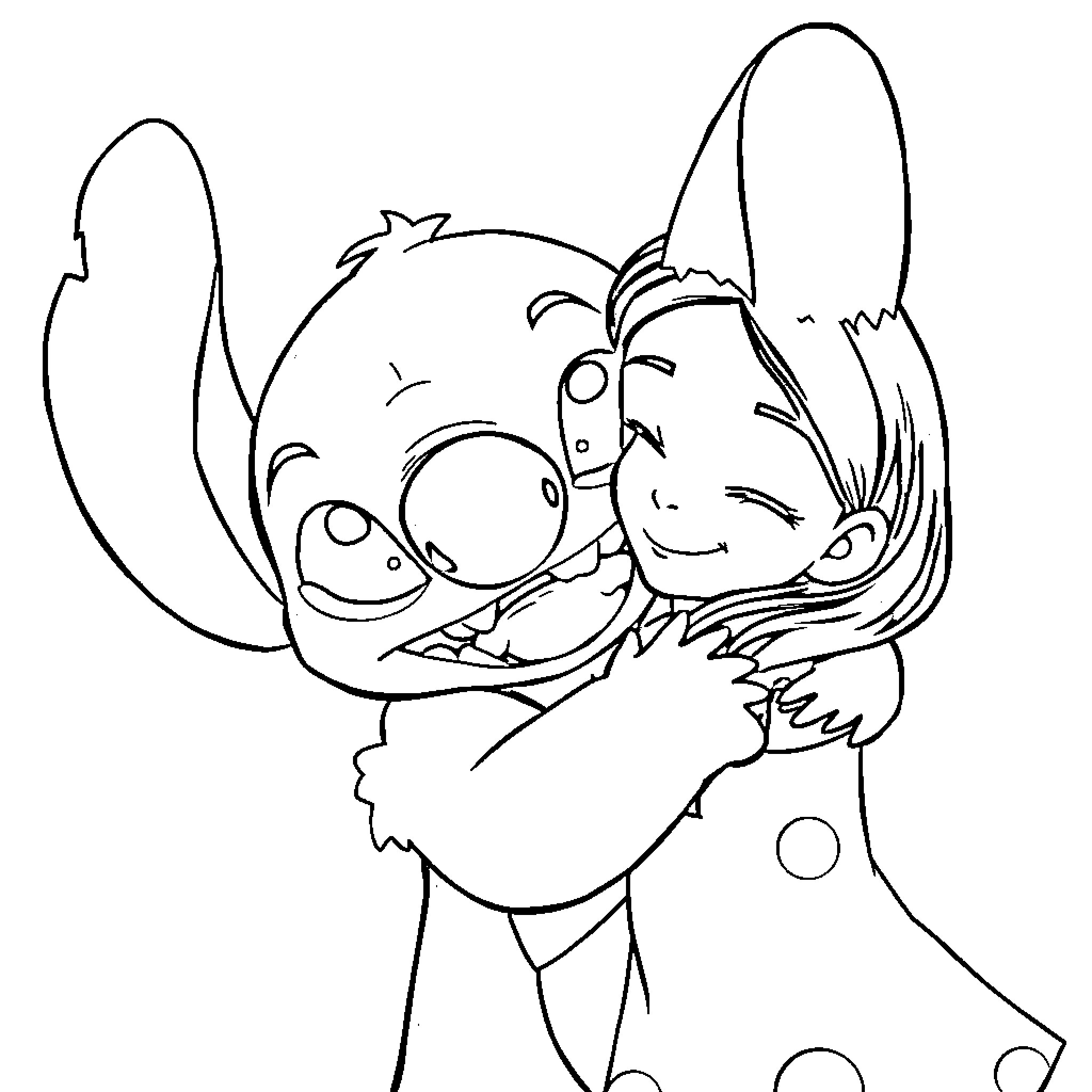 Stitch hugging a smiling companion Coloring Page (free black-and-white line drawing printable PDF for all, from beginners to advanced learners, including children, teens, adults, and seniors)