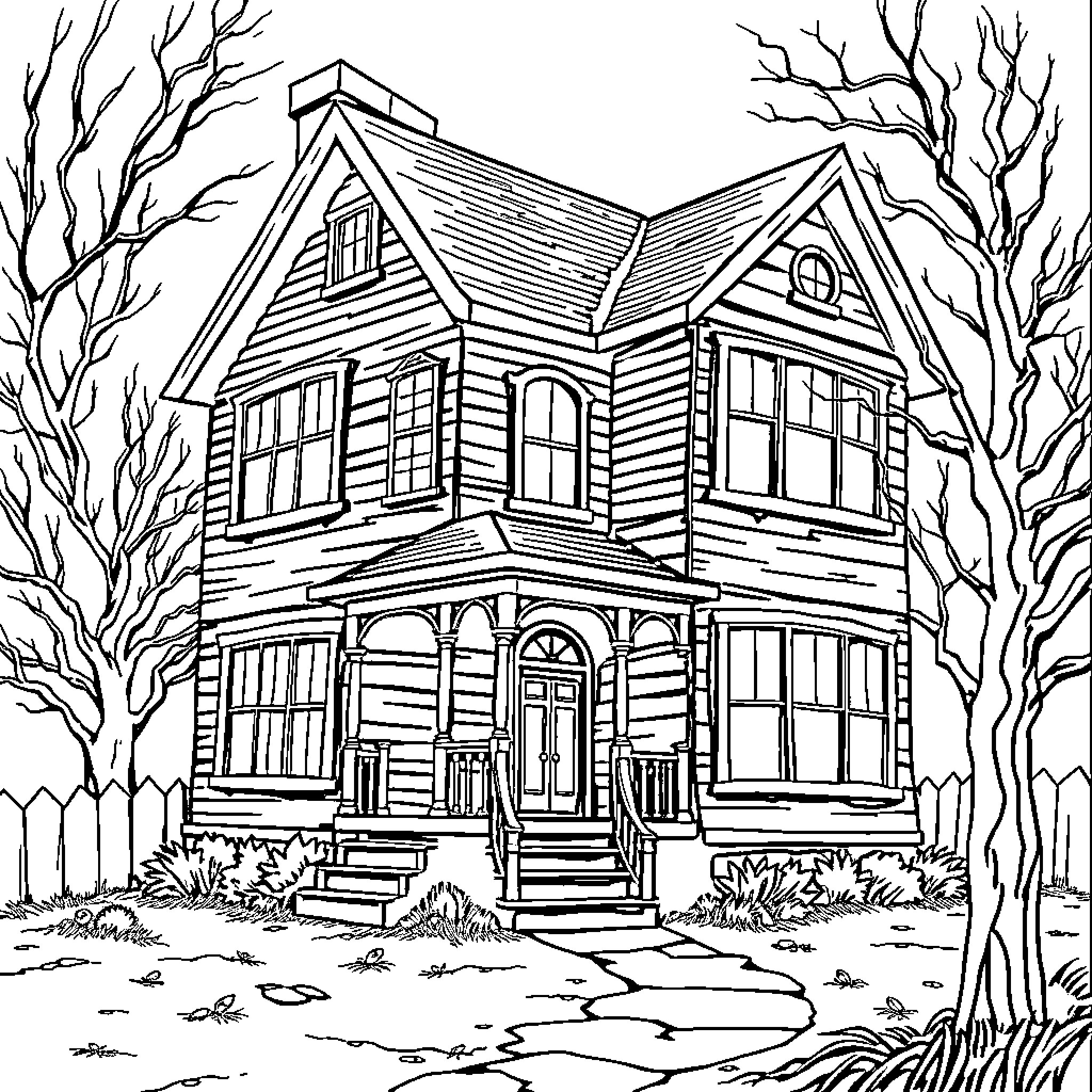 House with spooky bare trees in the night Coloring Page (free black-and-white line drawing printable PDF for all, from beginners to advanced learners, including children, teens, adults, and seniors)