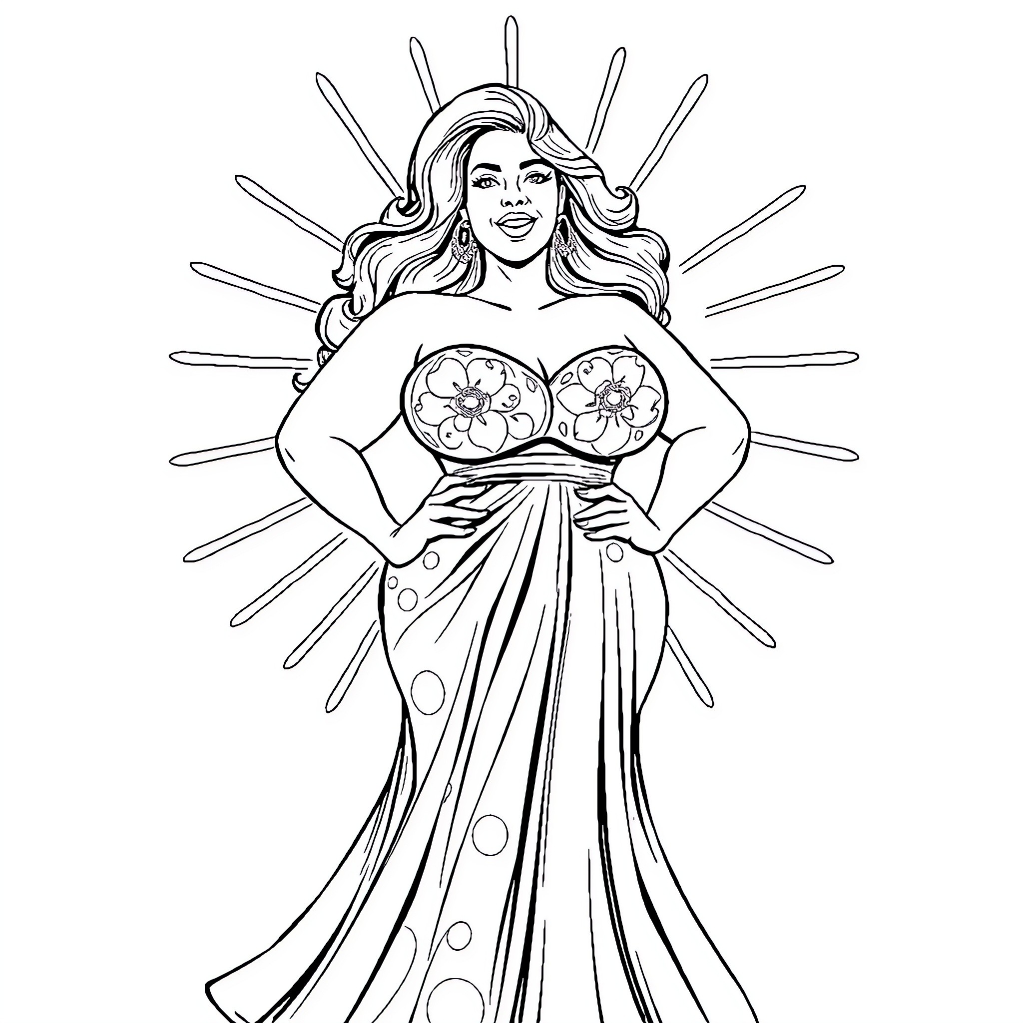 Bbw smiling woman in floral dress Coloring Page (free black-and-white line drawing printable PDF for all, from beginners to advanced learners, including children, teens, adults, and seniors)