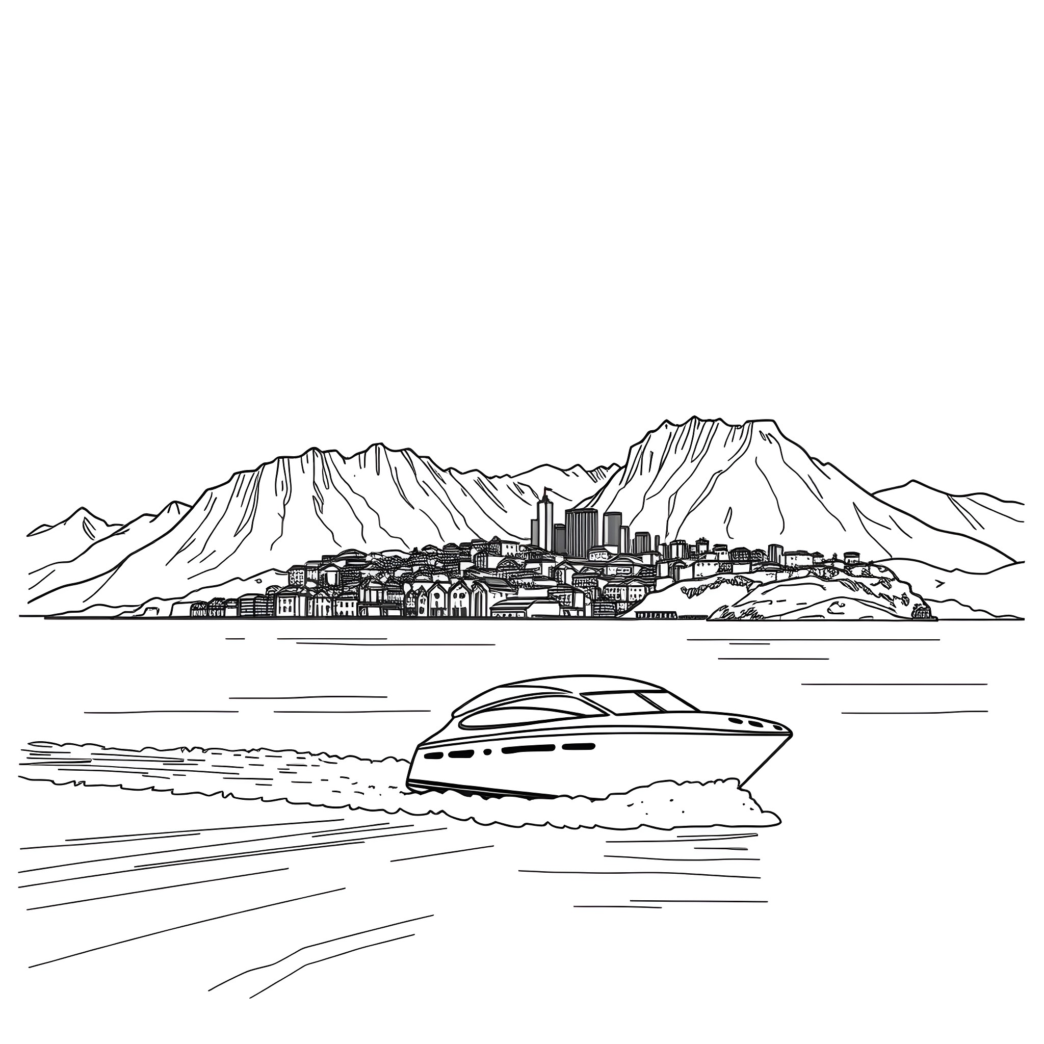 Water Vehicle Sailing Along the Coastline With Mountains Coloring Page (free black-and-white line drawing printable PDF for all, from beginners to advanced learners, including children, teens, adults, and seniors)
