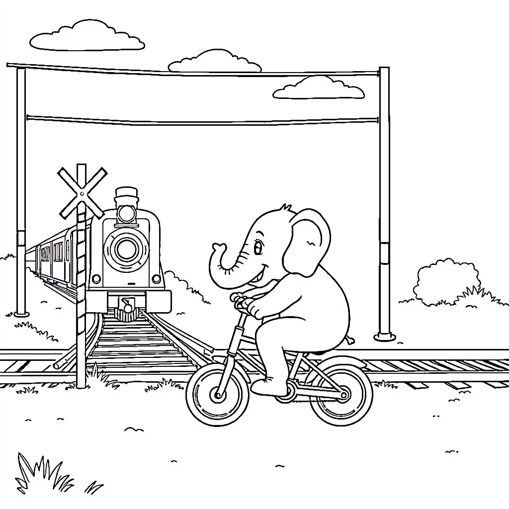 Elephant riding bicycle near train tracks Coloring Page (free black-and-white line drawing printable PDF for all, from beginners to advanced learners, including children, teens, adults, and seniors)