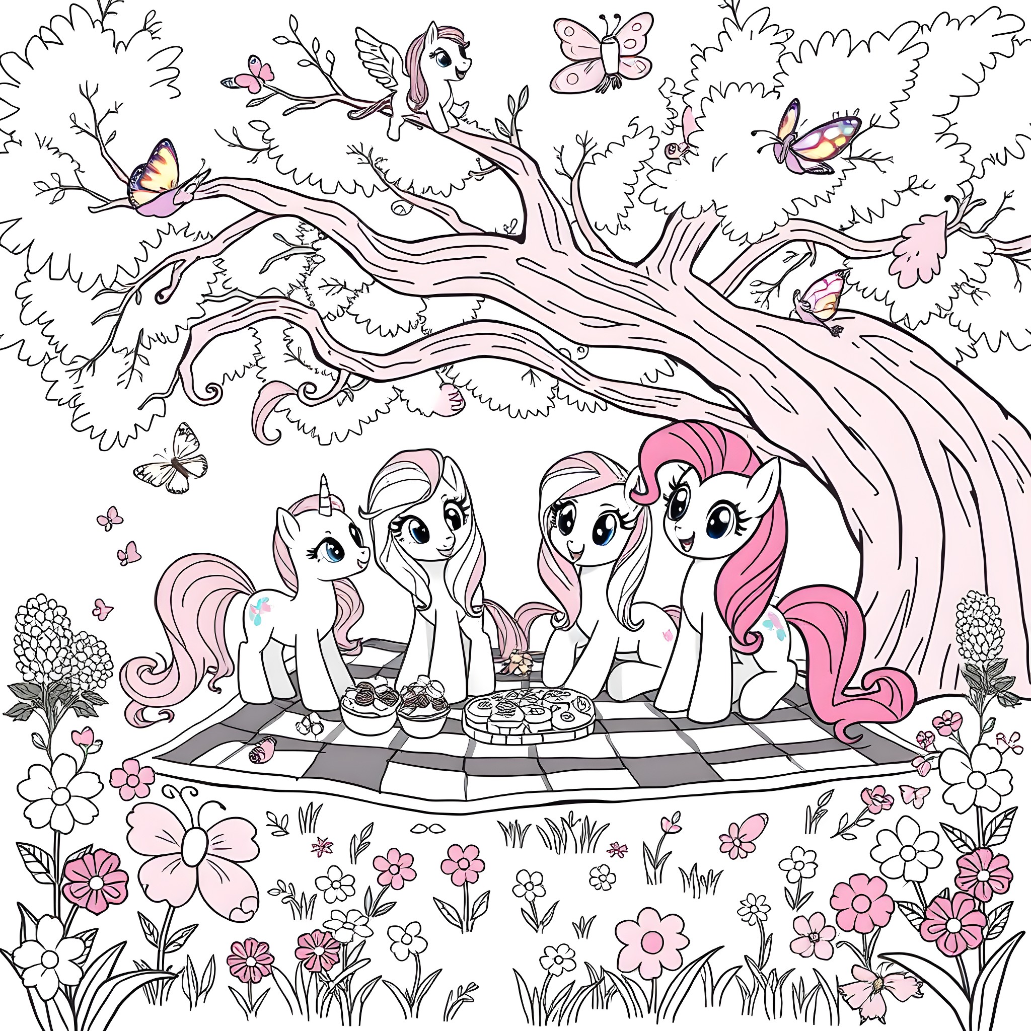 Pony friends having a tea party in the enchanted forest Coloring Page (free black-and-white line drawing printable PDF for all, from beginners to advanced learners, including children, teens, adults, and seniors)