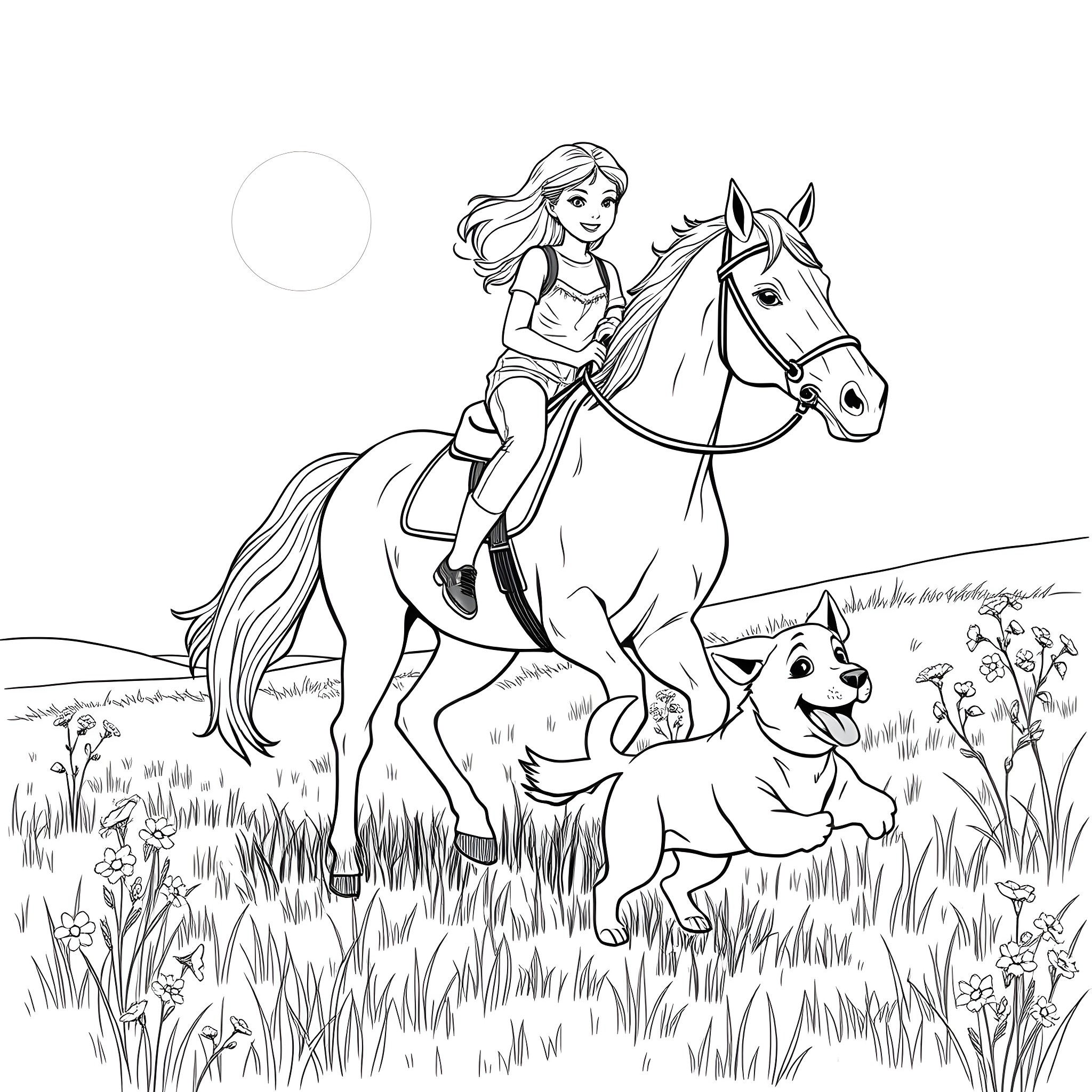 Teen Girl Riding Horse with Playful Dog Coloring Page (free black-and-white line drawing printable PDF for all, from beginners to advanced learners, including children, teens, adults, and seniors)