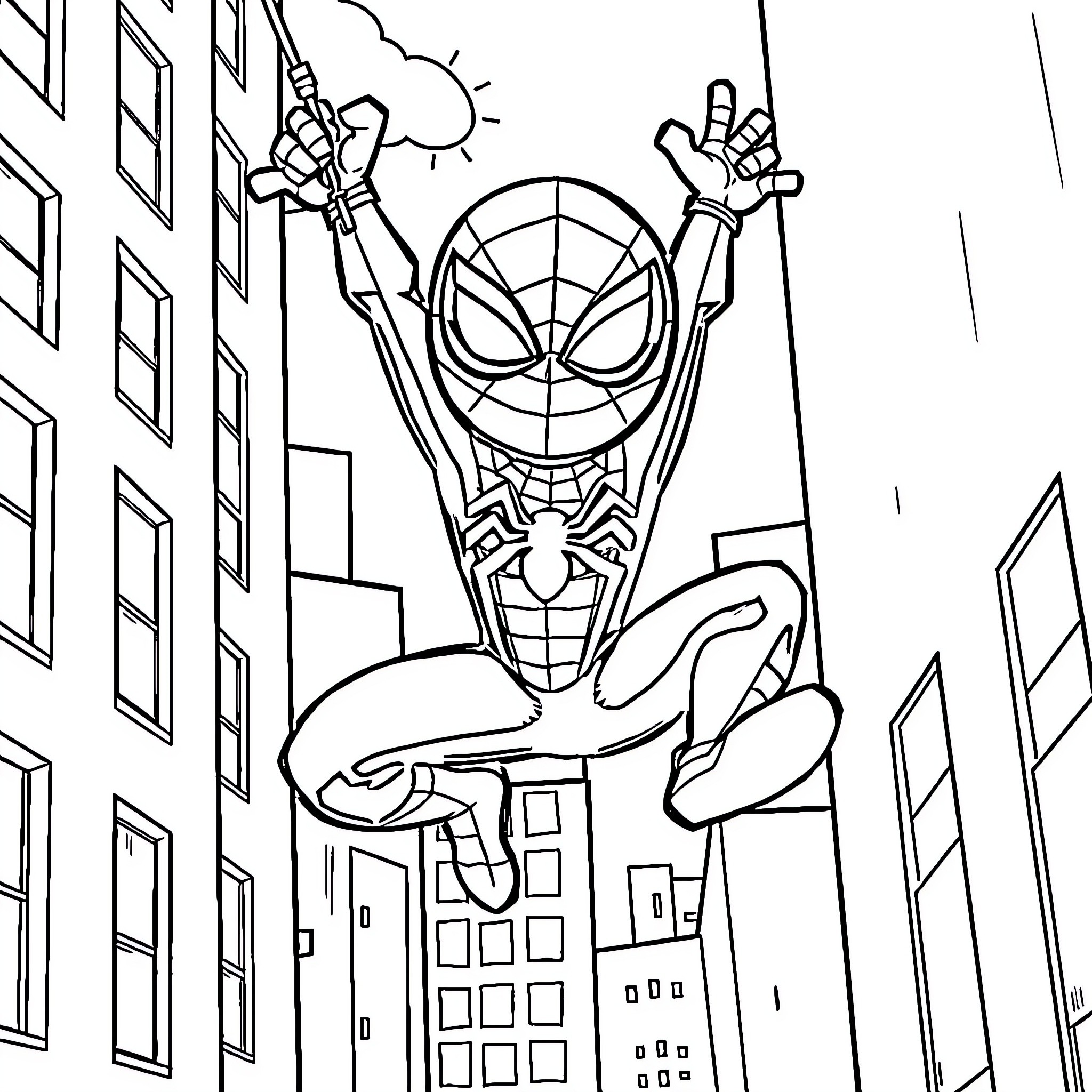 Spider-Man swinging through the city Coloring Page (free black-and-white line drawing printable PDF for all, from beginners to advanced learners, including children, teens, adults, and seniors)