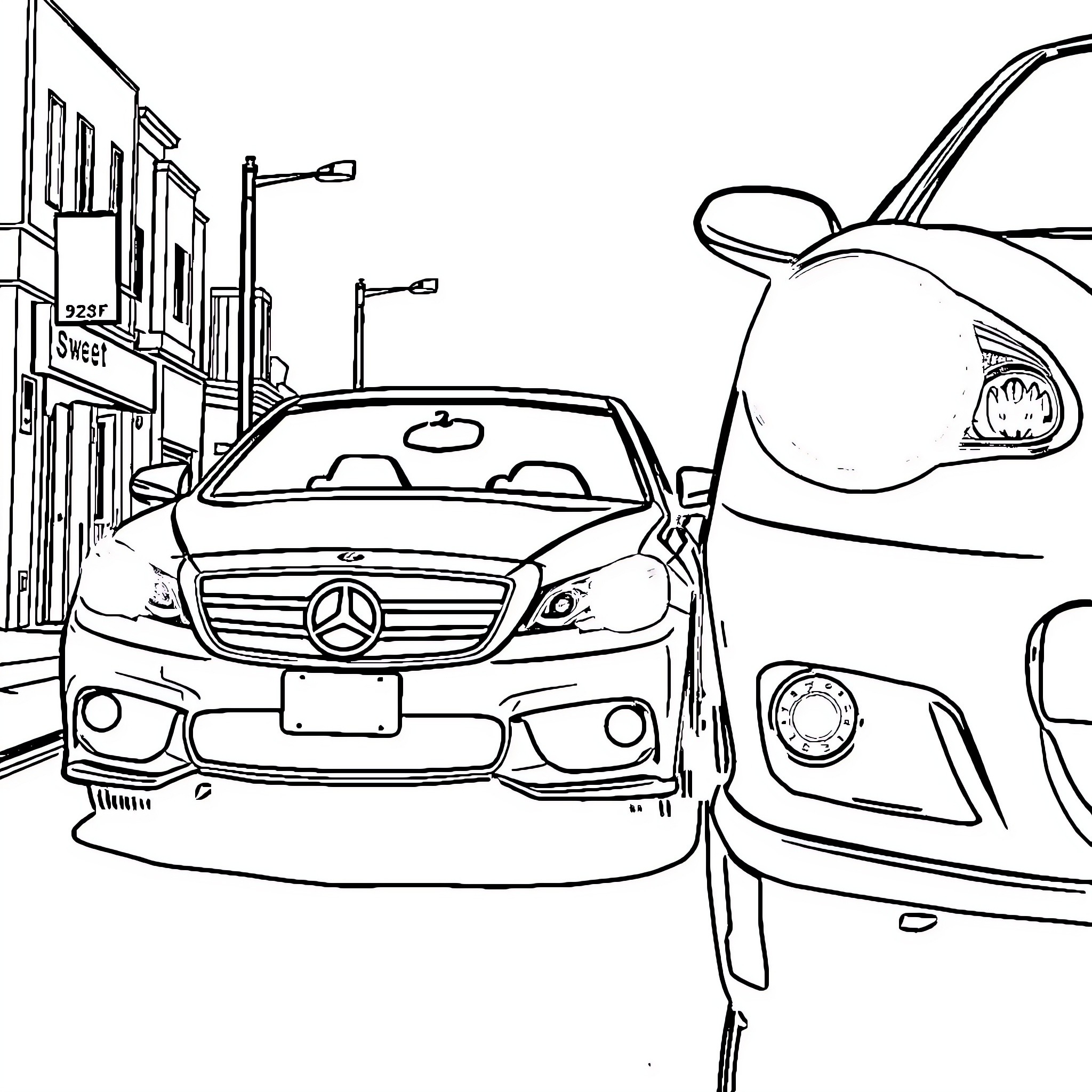 Car driving on city street with buildings Coloring Page (free black-and-white line drawing printable PDF for all, from beginners to advanced learners, including children, teens, adults, and seniors)